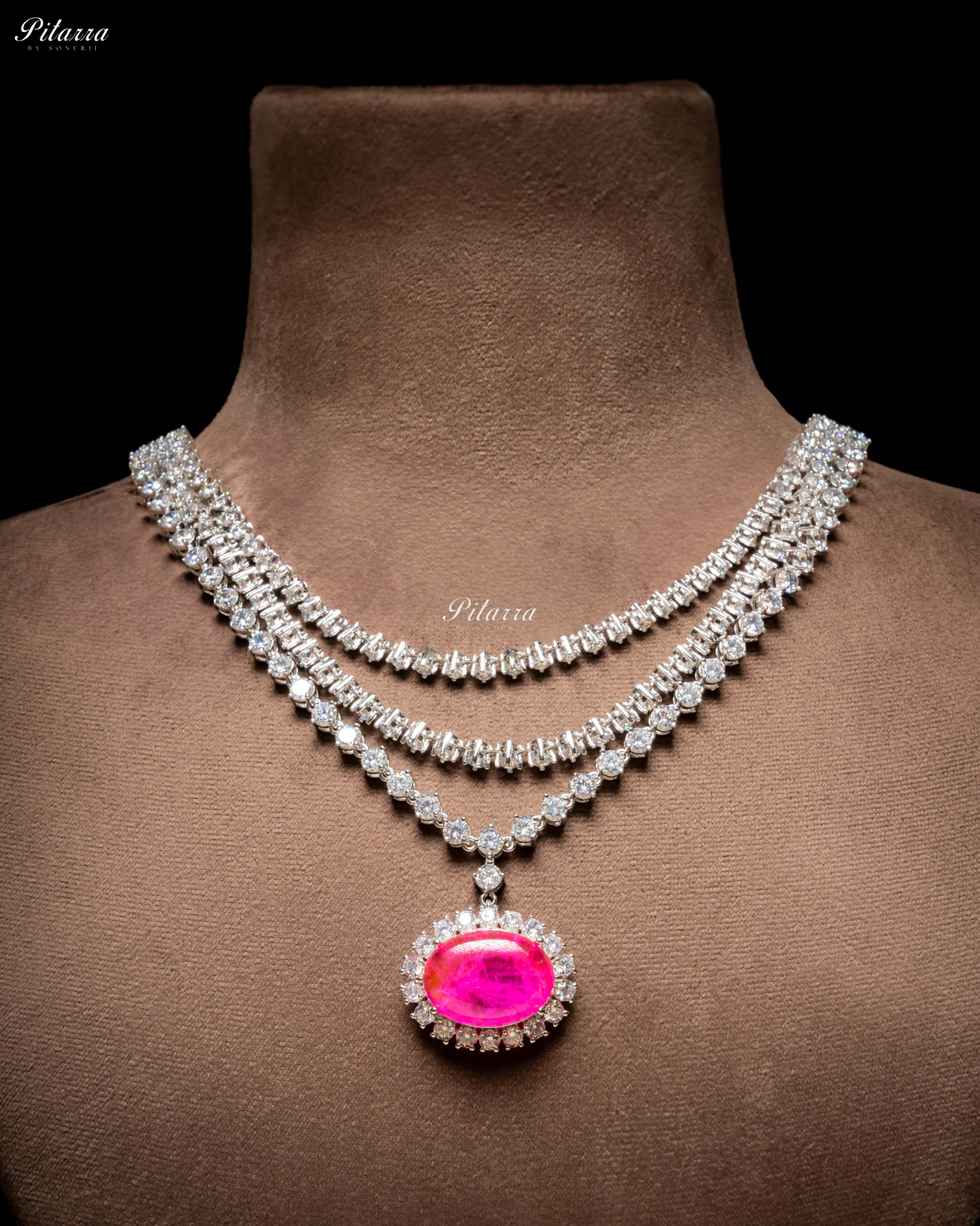 Pink Stone Cubic Zirconia Silver Necklace Set