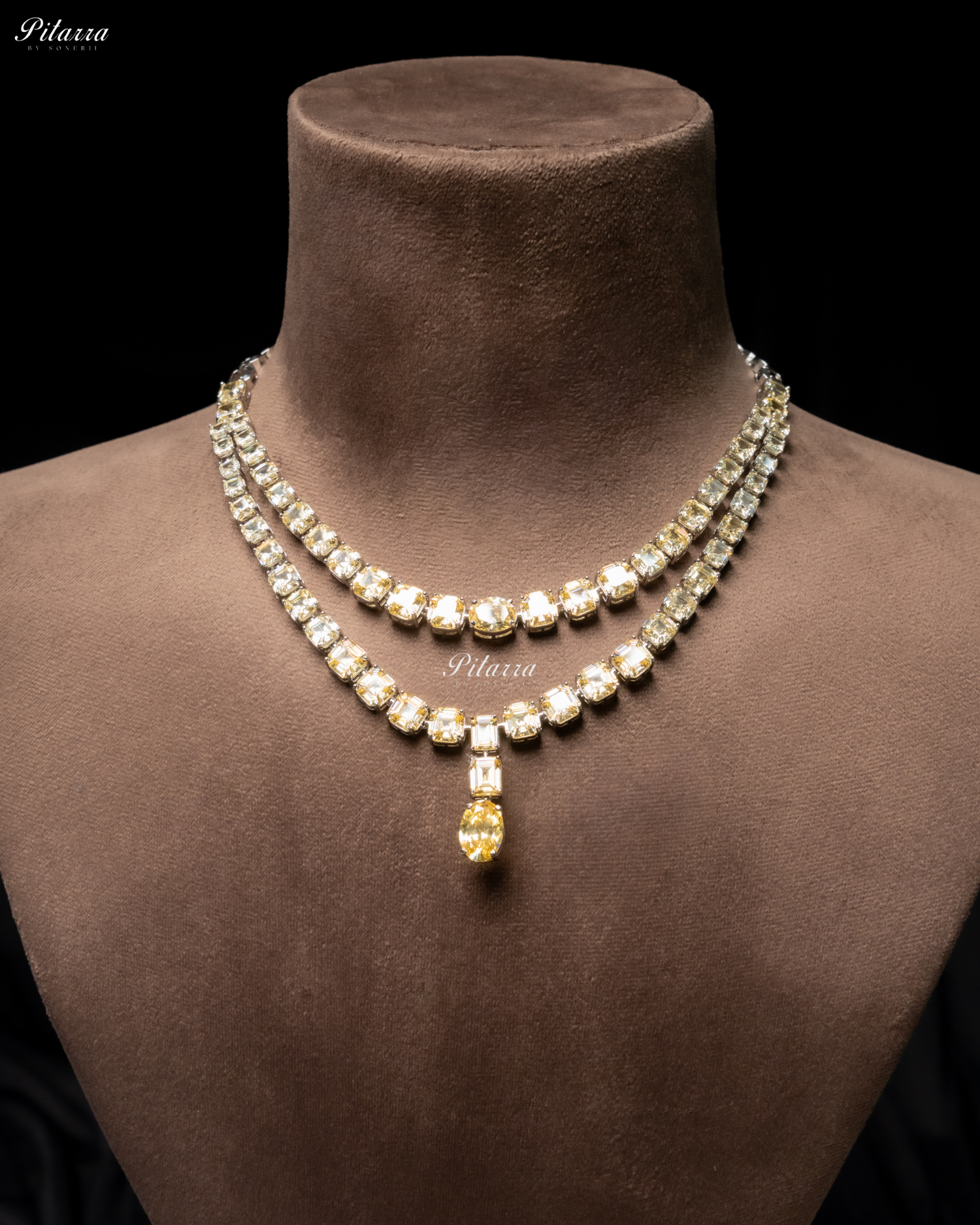 Yellow Two Layer Square Drop Statement Necklace Set