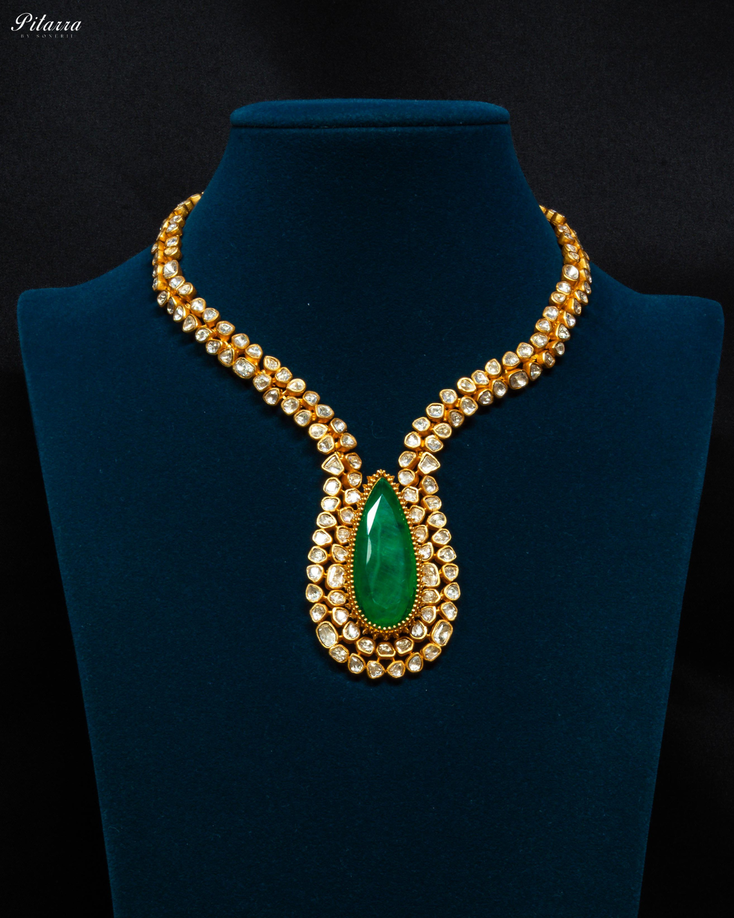 Emerald Stone Golden Pachi Kundan Necklace Set