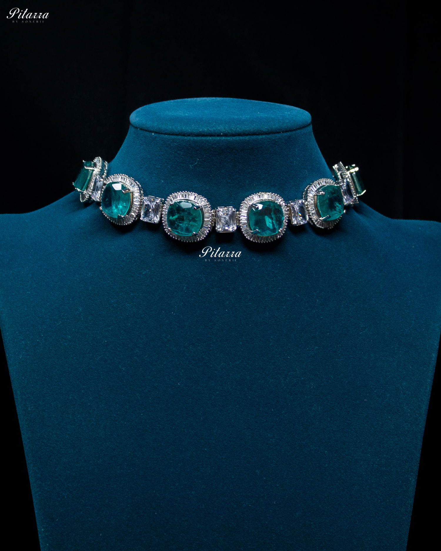 Aqua Stone Silver CZ Choker Necklace Set