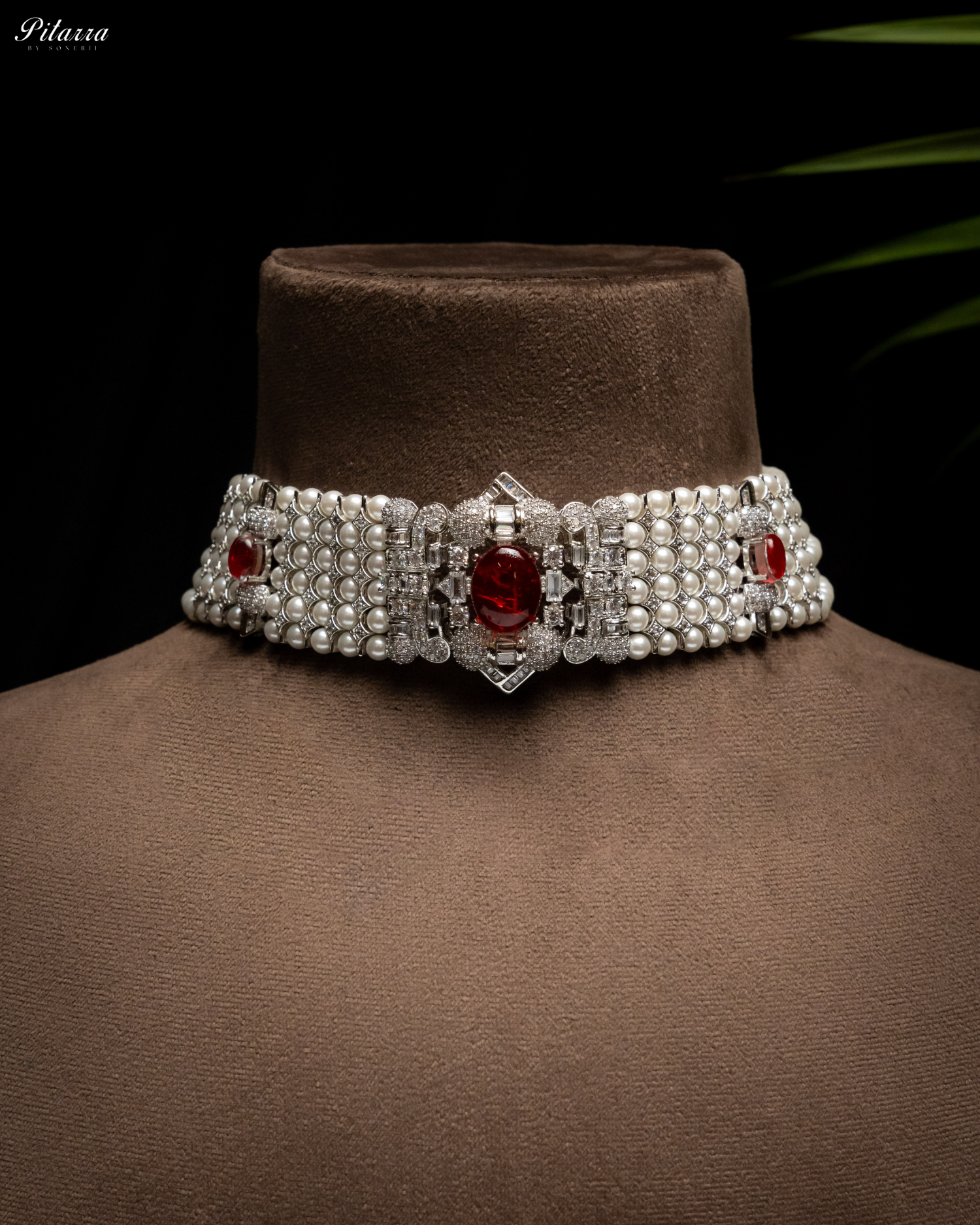 Red Carved Doublet and Pearl Choker