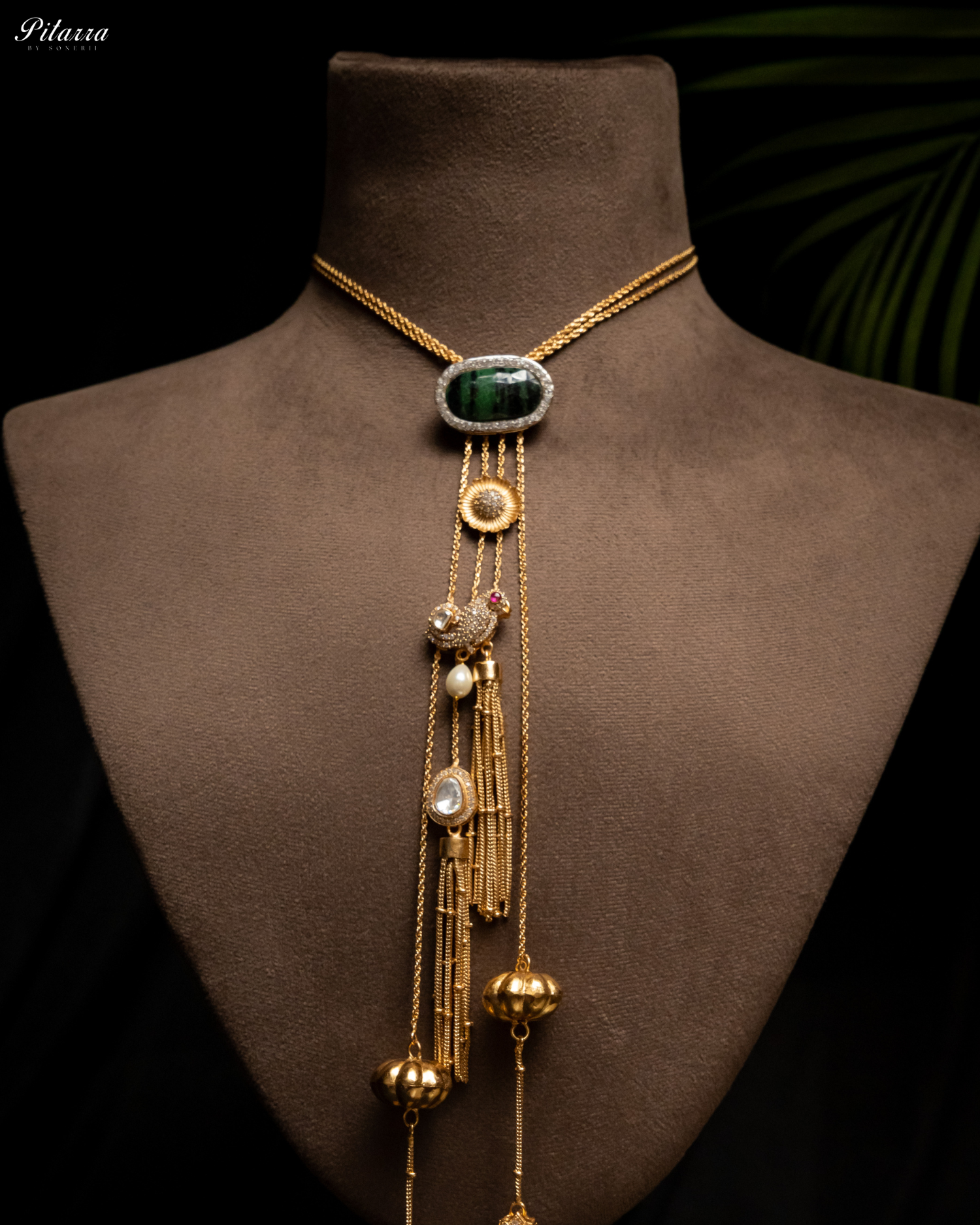 Gold Tone Chain Green Stone Necklace Set