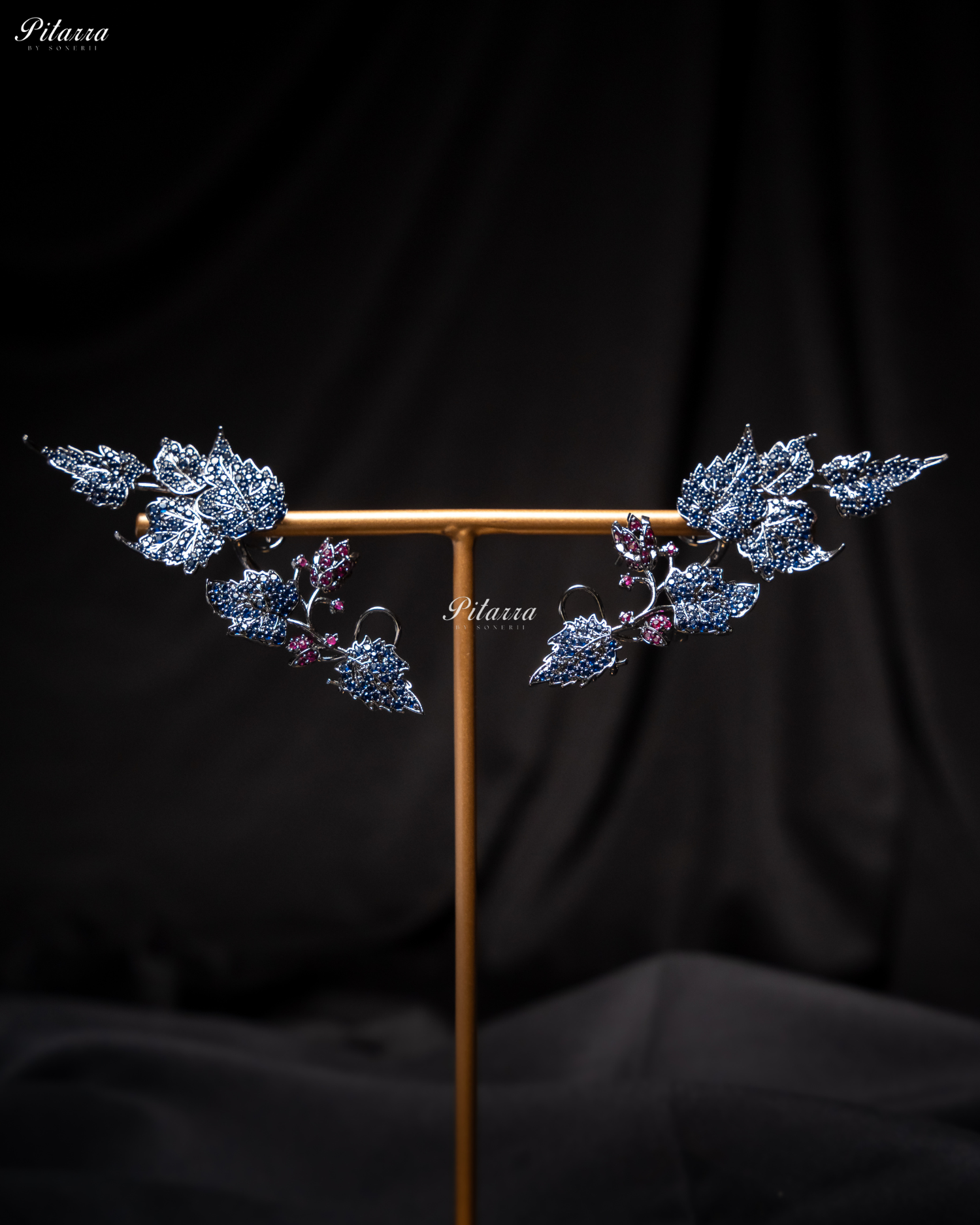 Blue Unique Leaf Shaped Crystal Earrings