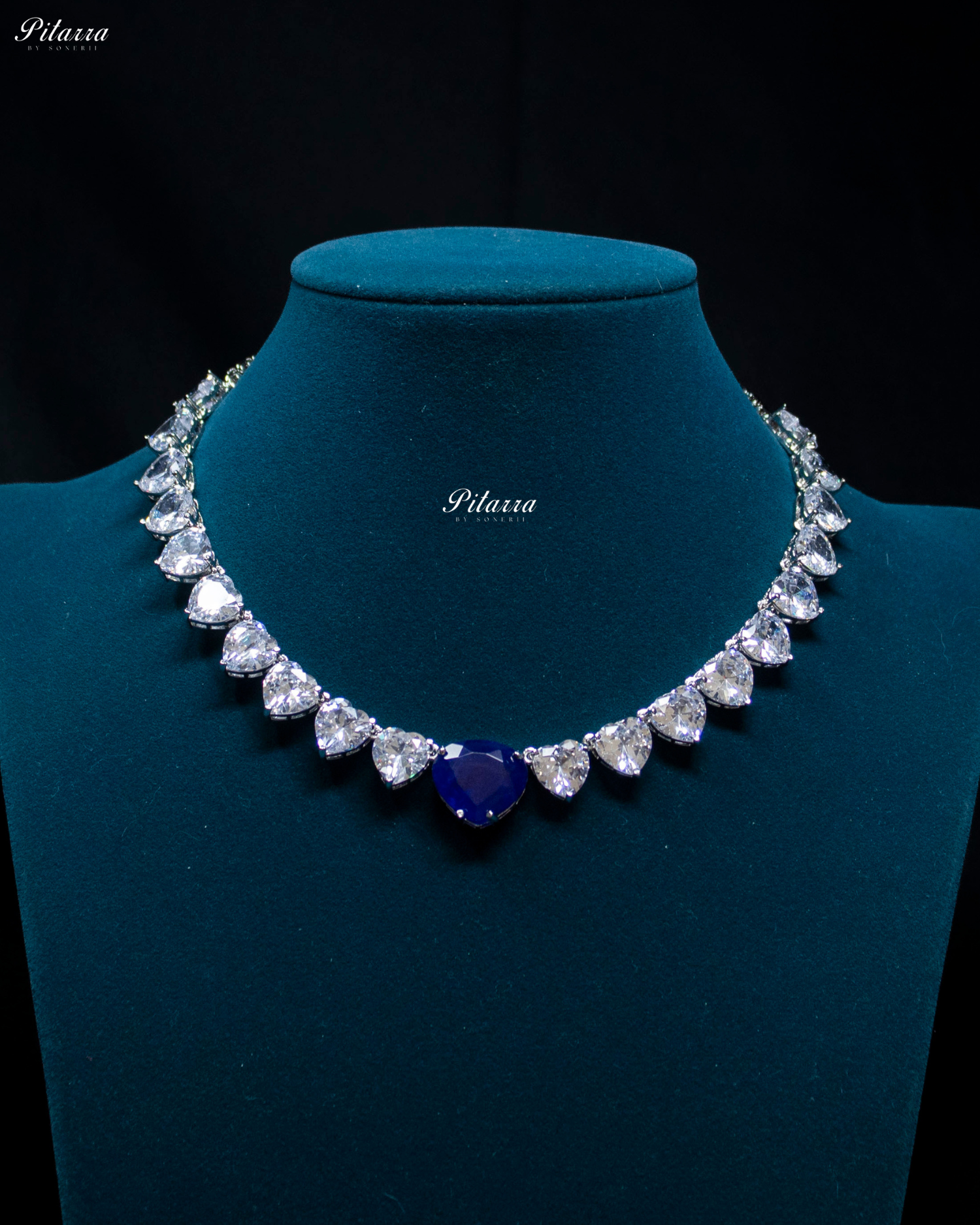 Navy Blue Stone White Heartline Zircon Necklace Set