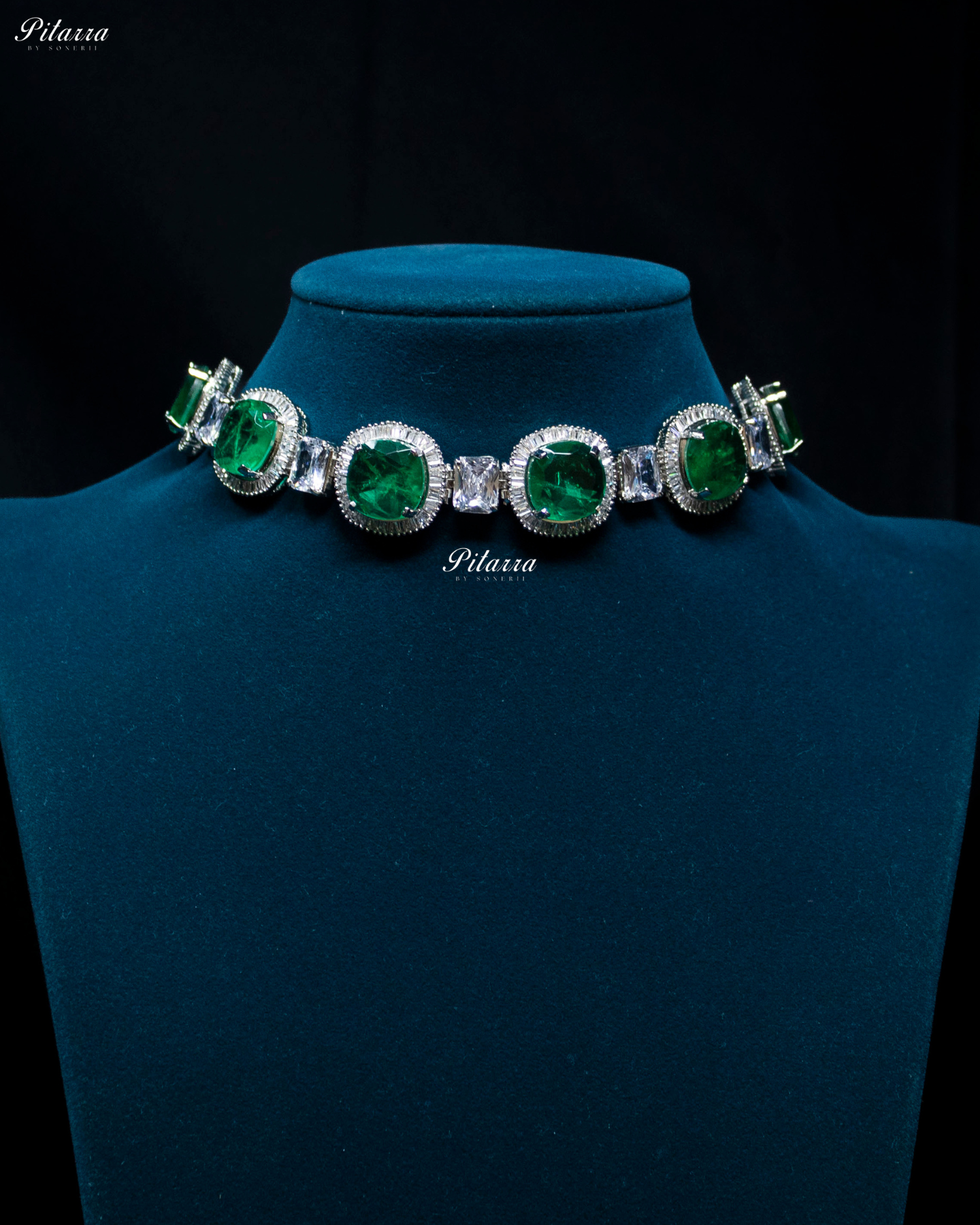Emerald Stone Silver CZ Choker Necklace Set