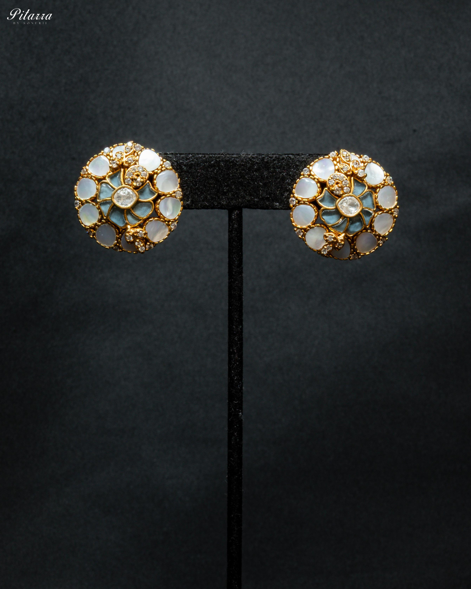 Blue Elegant Gold-Plated Kundan Stud Earrings