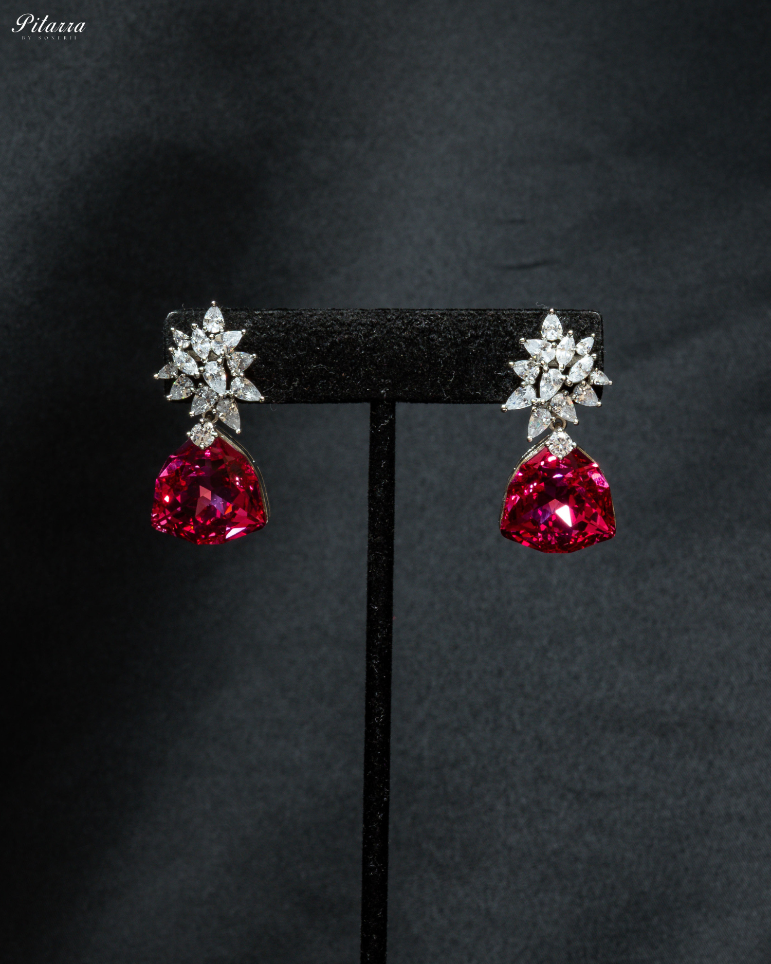 Red Stone Silver Floral CZ Stud Earrings