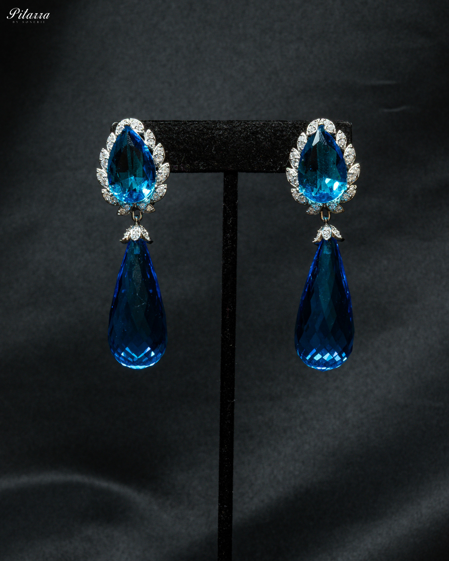 Silver Finish Blue CZ Drop Earrings