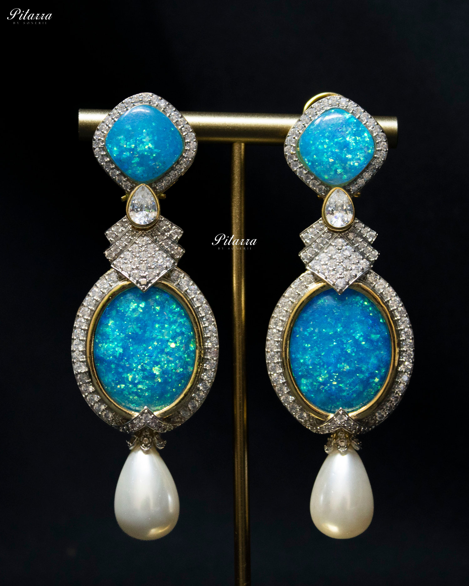 Ocean Blue Pearl Stone Silver CZ Dangler Earrings