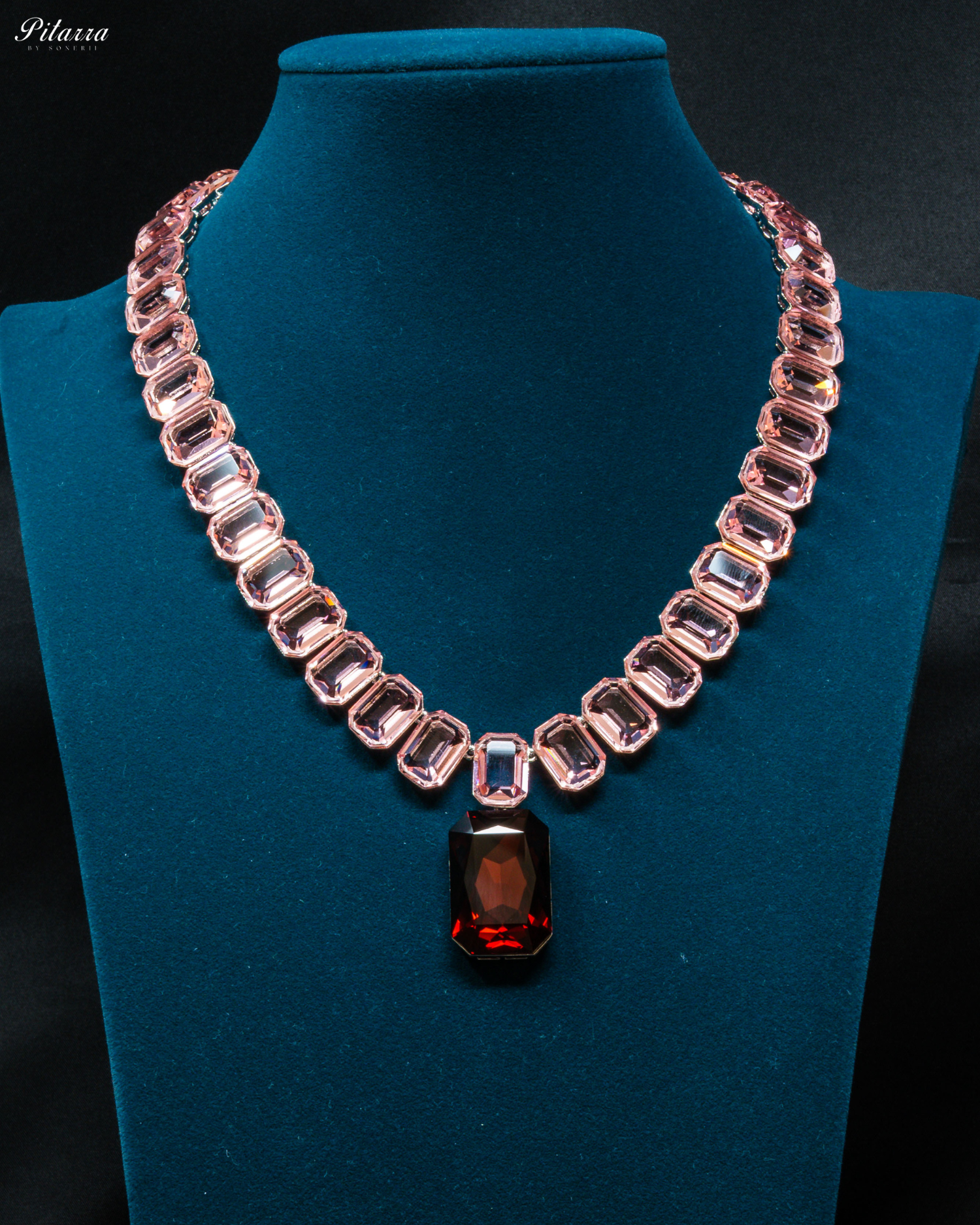 Red Stone Square Pinkish Crystal Necklace Set