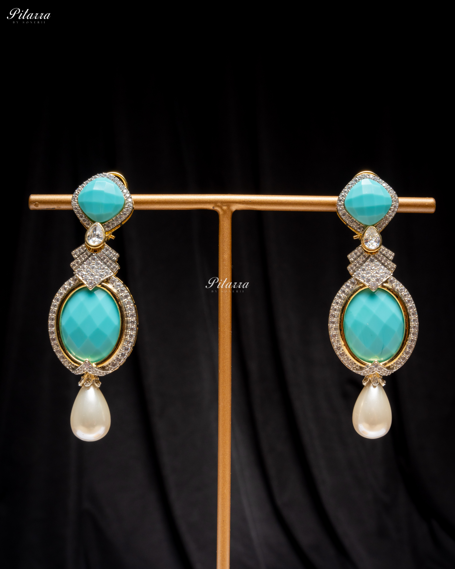 Turquoise Blue Pearl Stone Silver CZ Dangler Earrings
