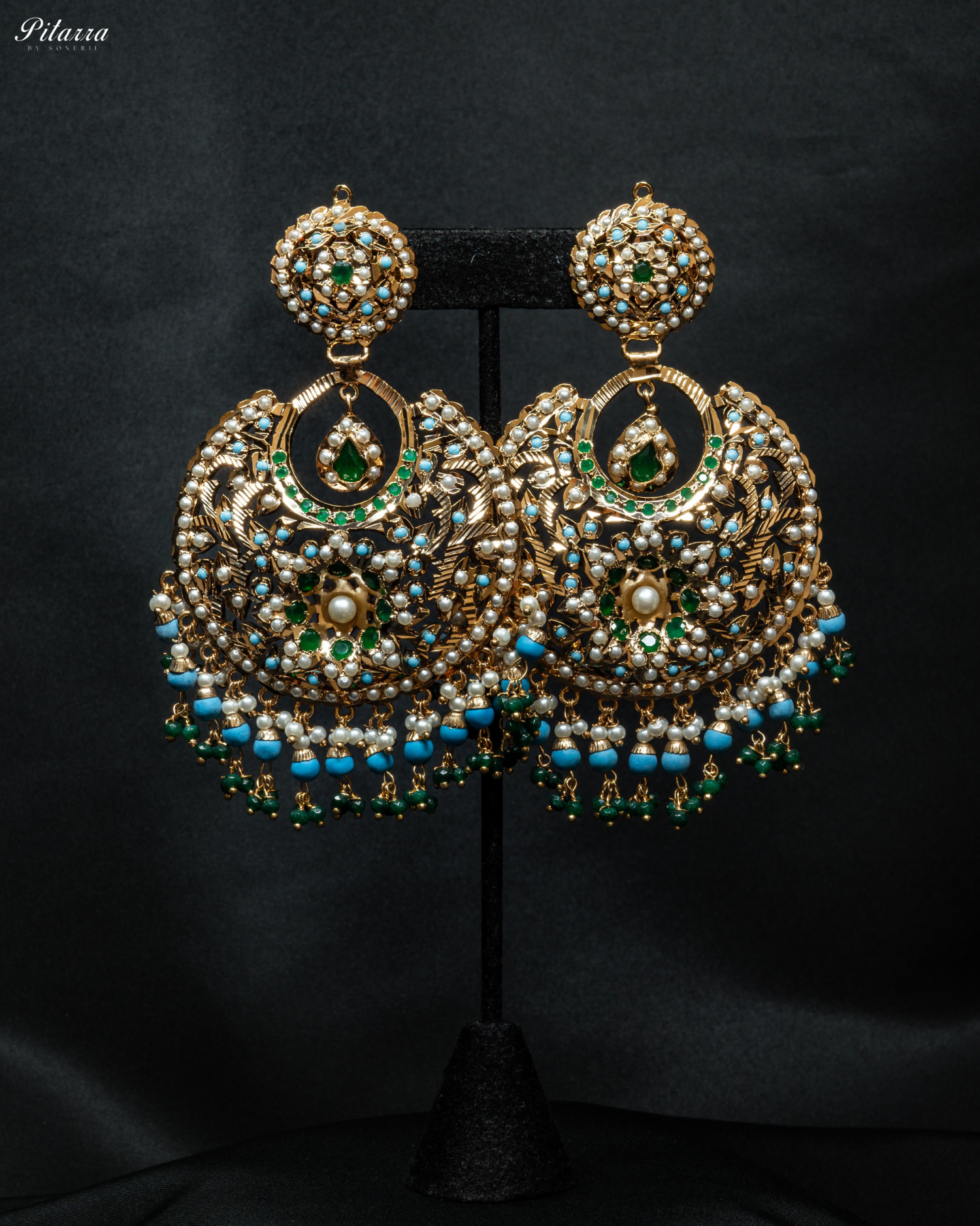 Blue Stone Studded Punjabi Jadau Chandbali Earrings