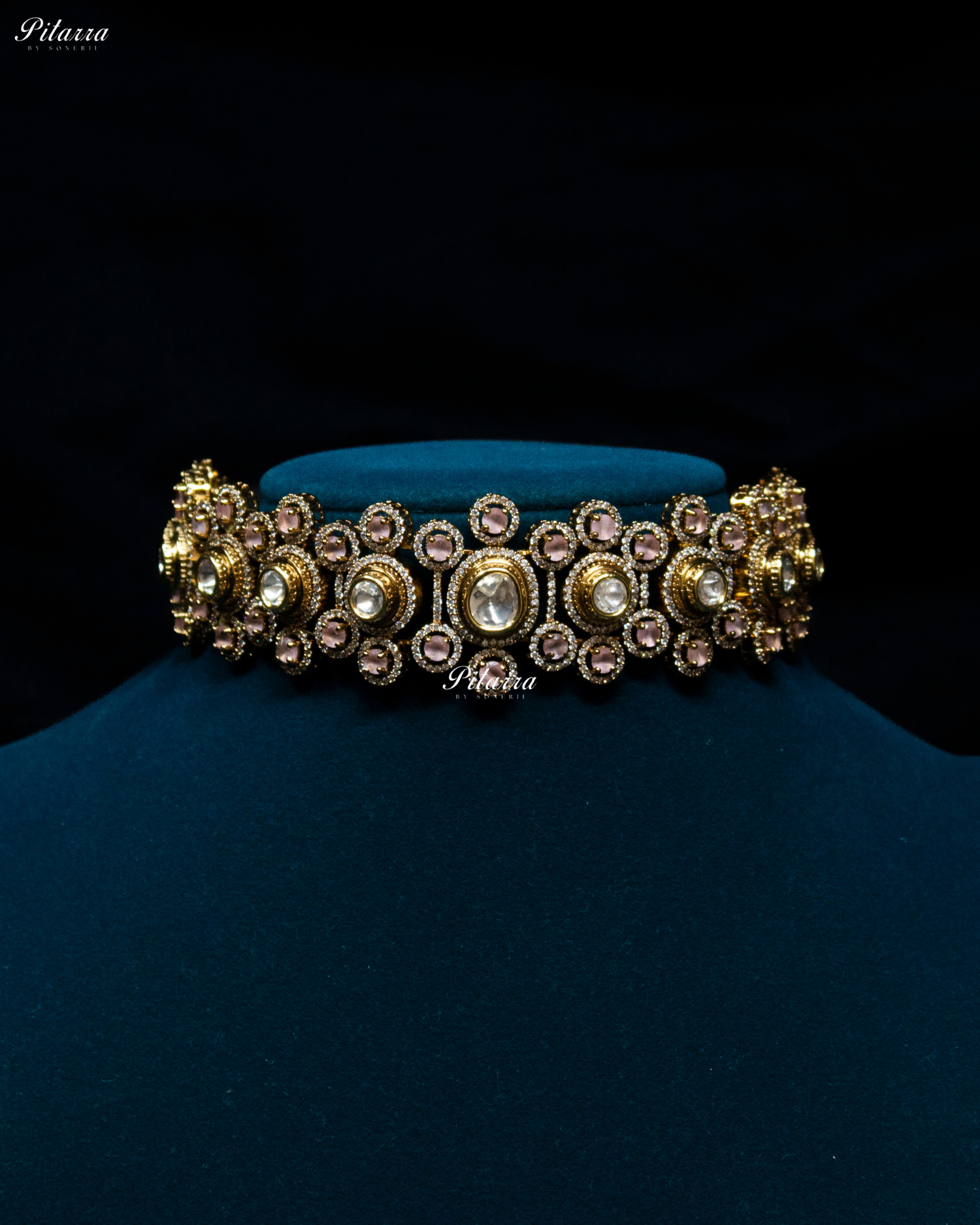 Pink Stone Gold Finish Moissanite Kundan Choker Set