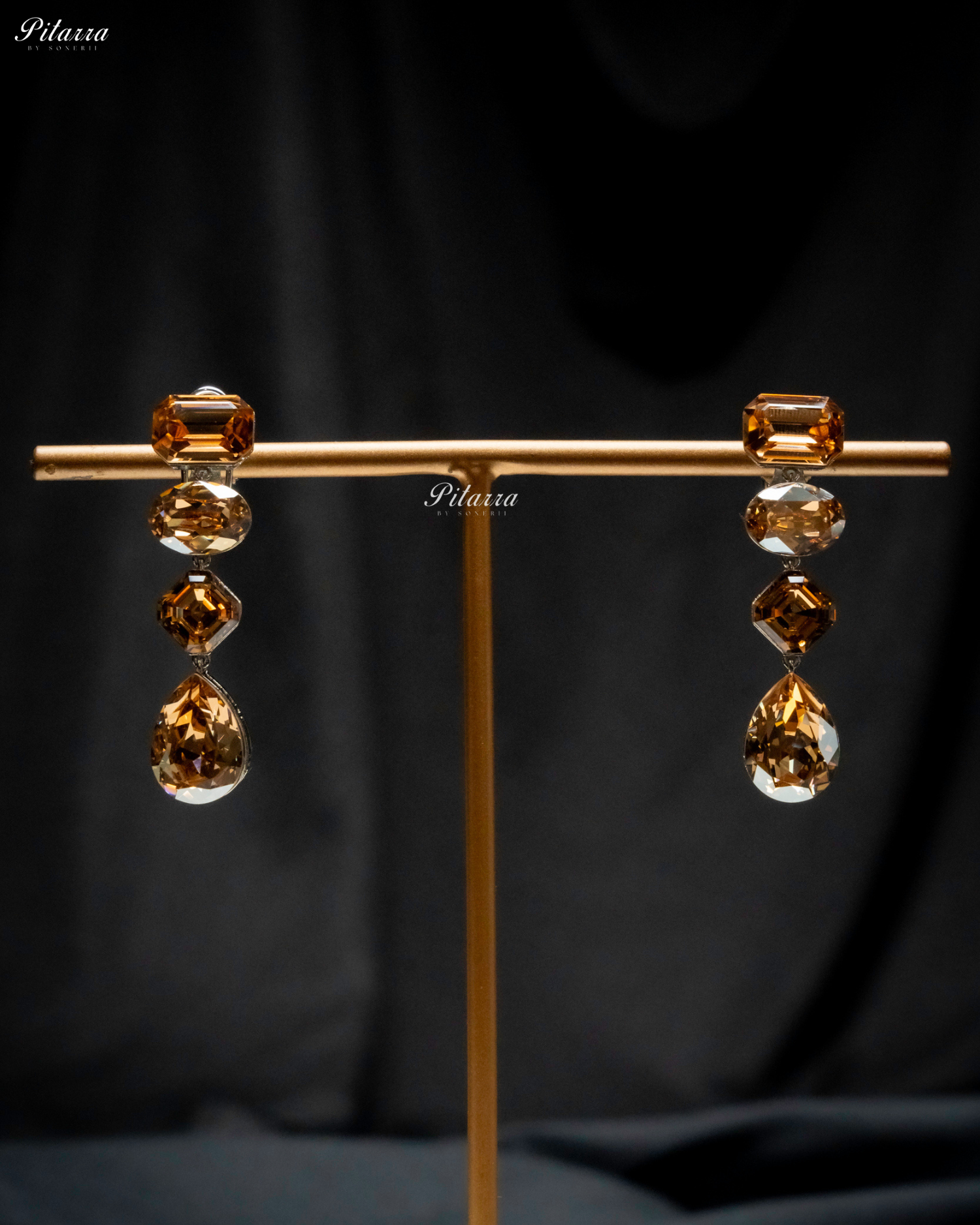 Yellow Stone Studded Geometric Crystal Drop Earrings