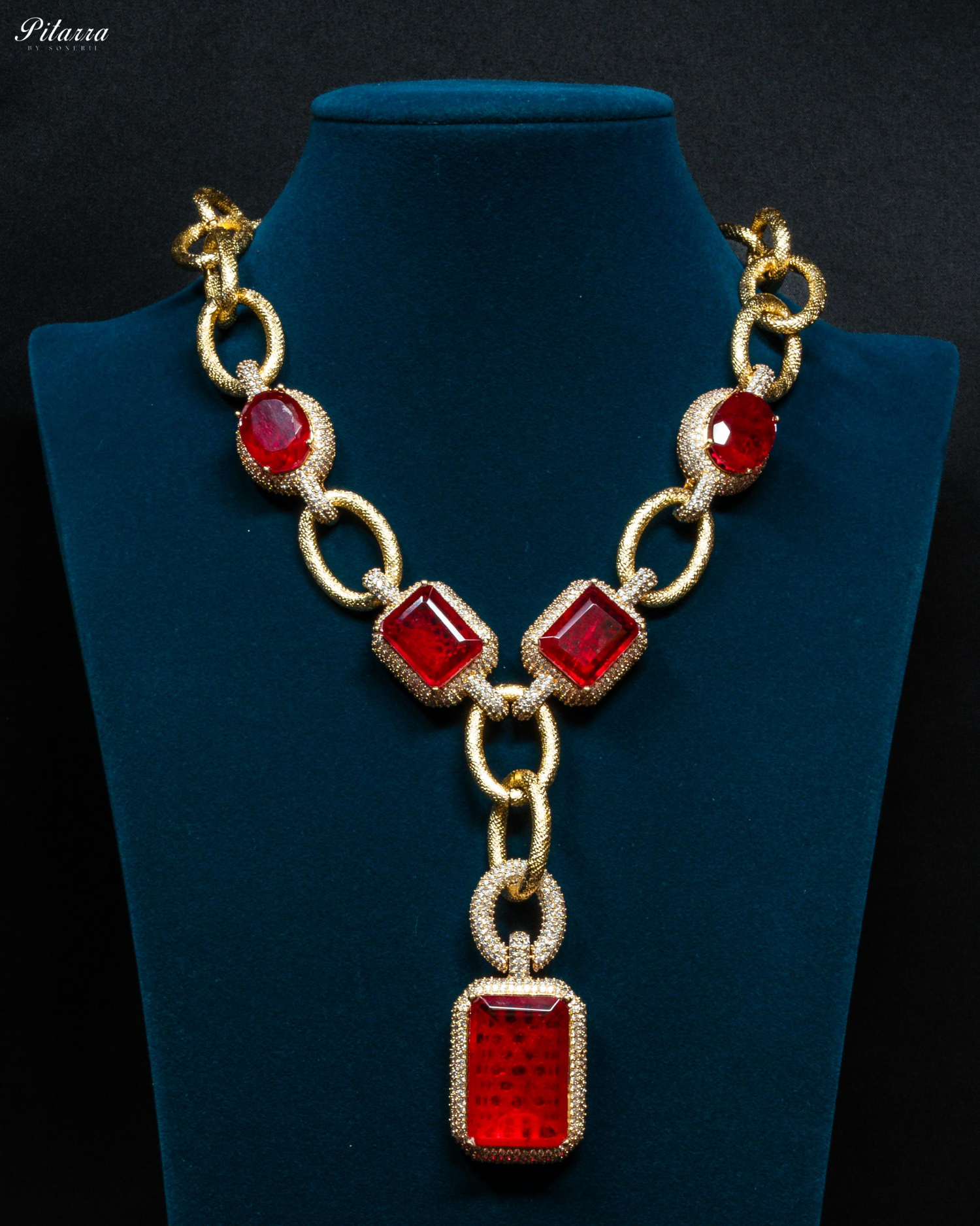 Gold Finish Red Stone Zircon Long Necklace Set
