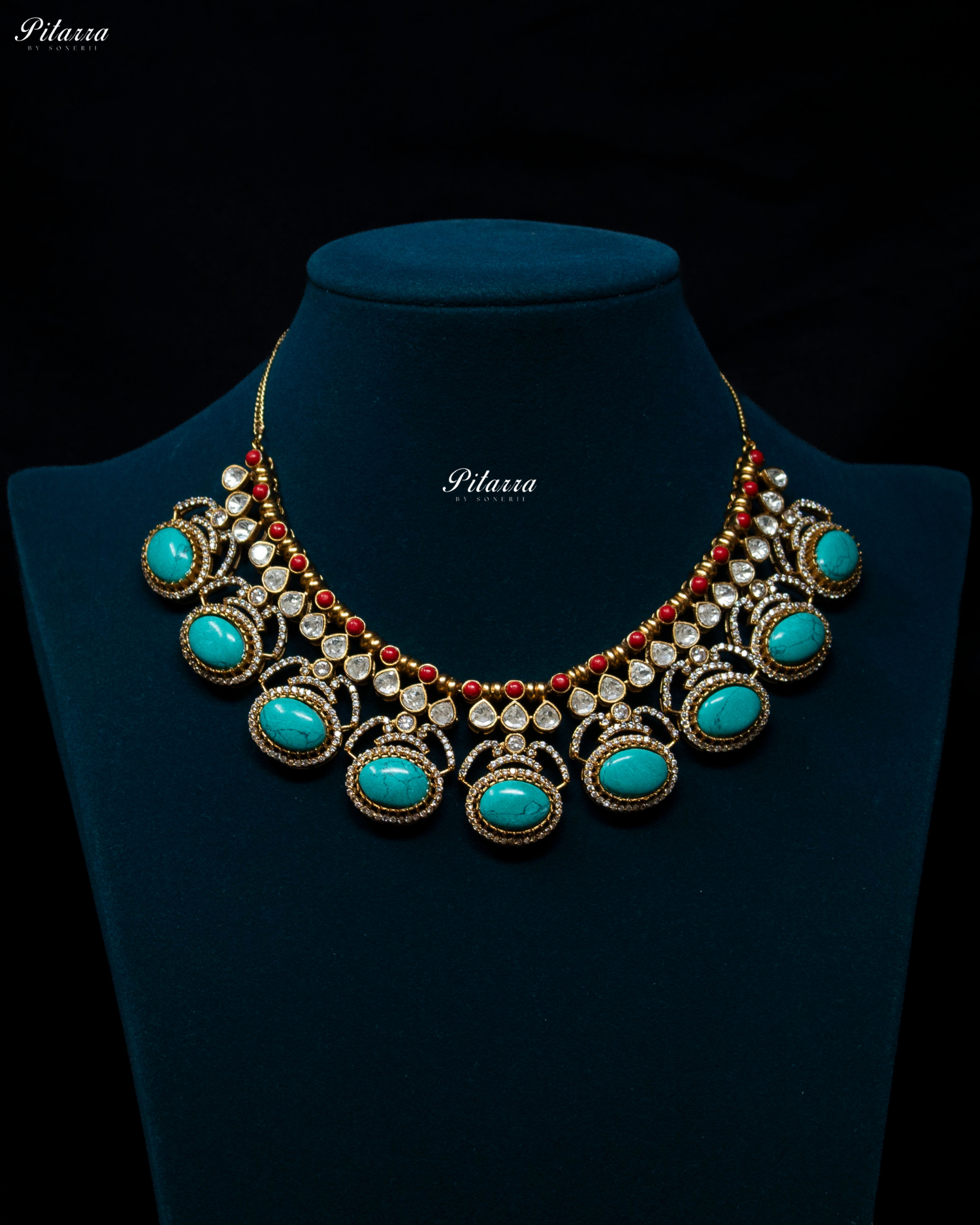 Pitarra Turquoise Blue Stones Moissanite Kundan Necklace Set
