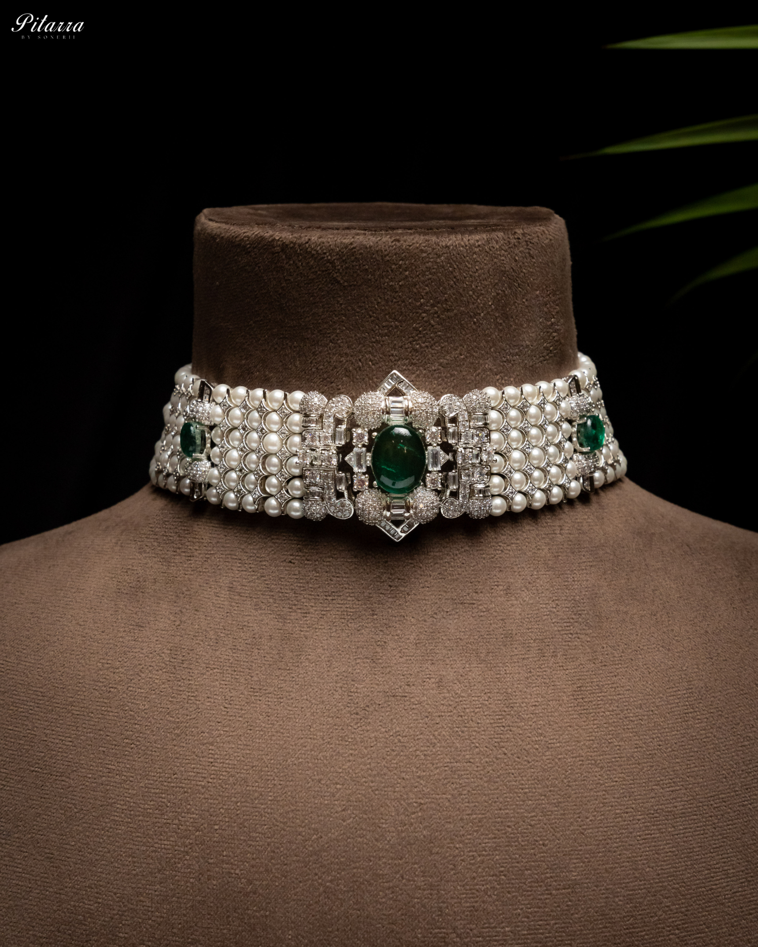 Green Carved Doublet and Pearl Choker