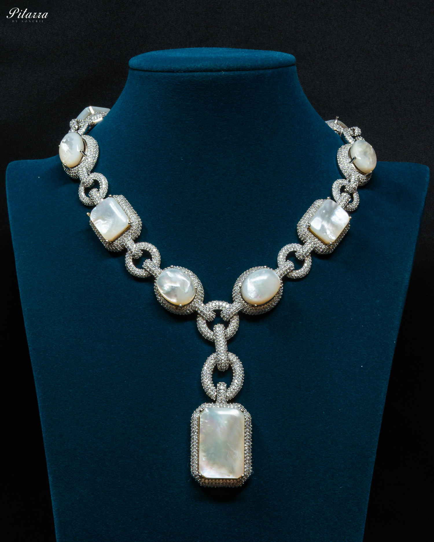 White Stone Silver Chain Long Necklace Set