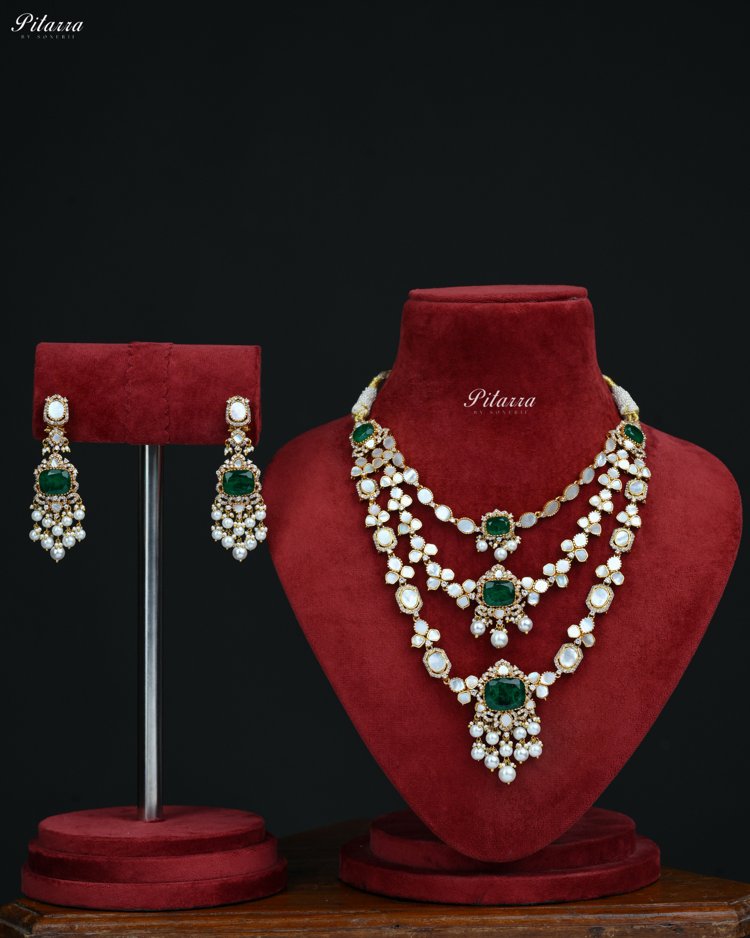 Emerald Stone Three Layer Long Kundan Set
