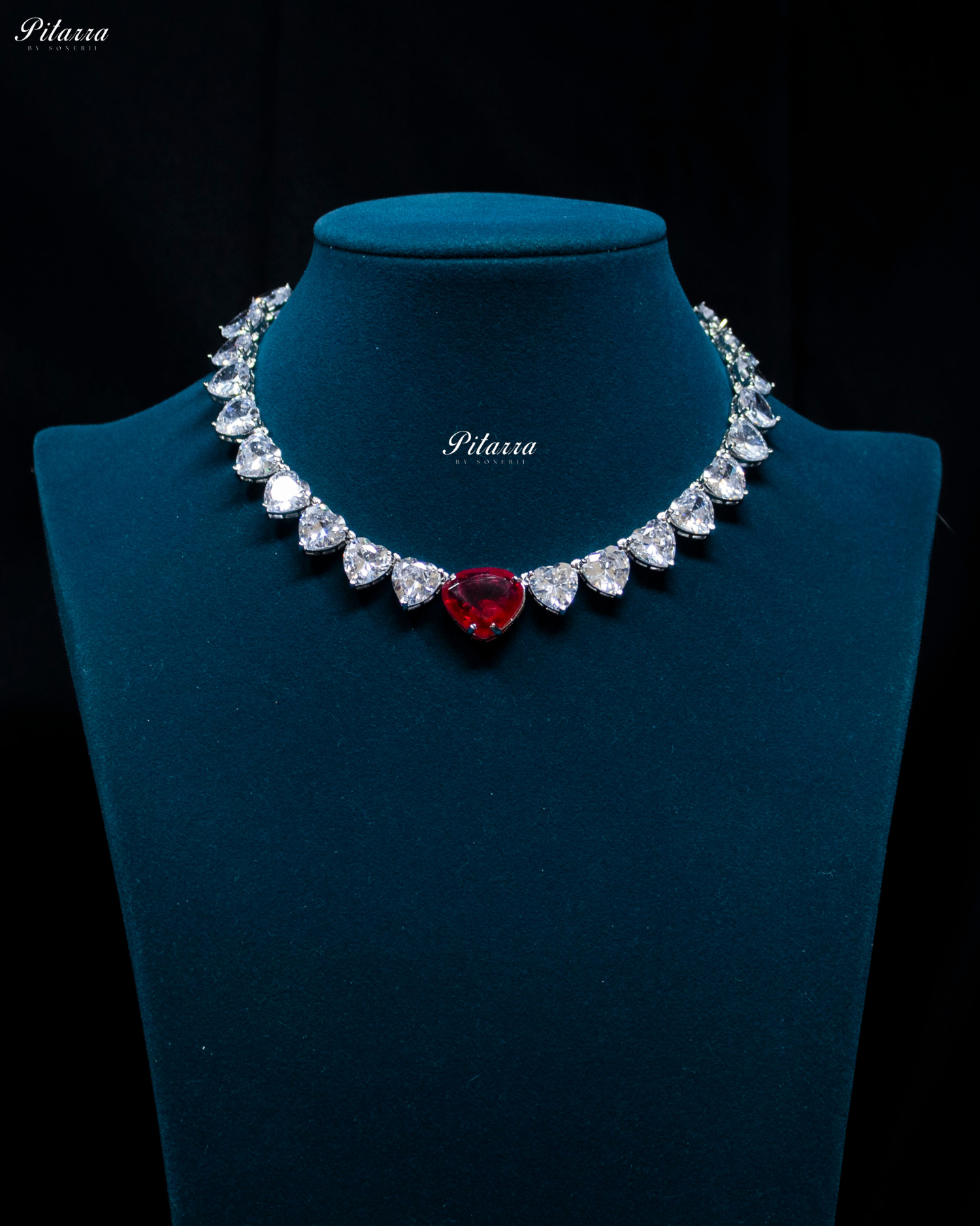 Red Stone White Heartline Zircon Necklace Set