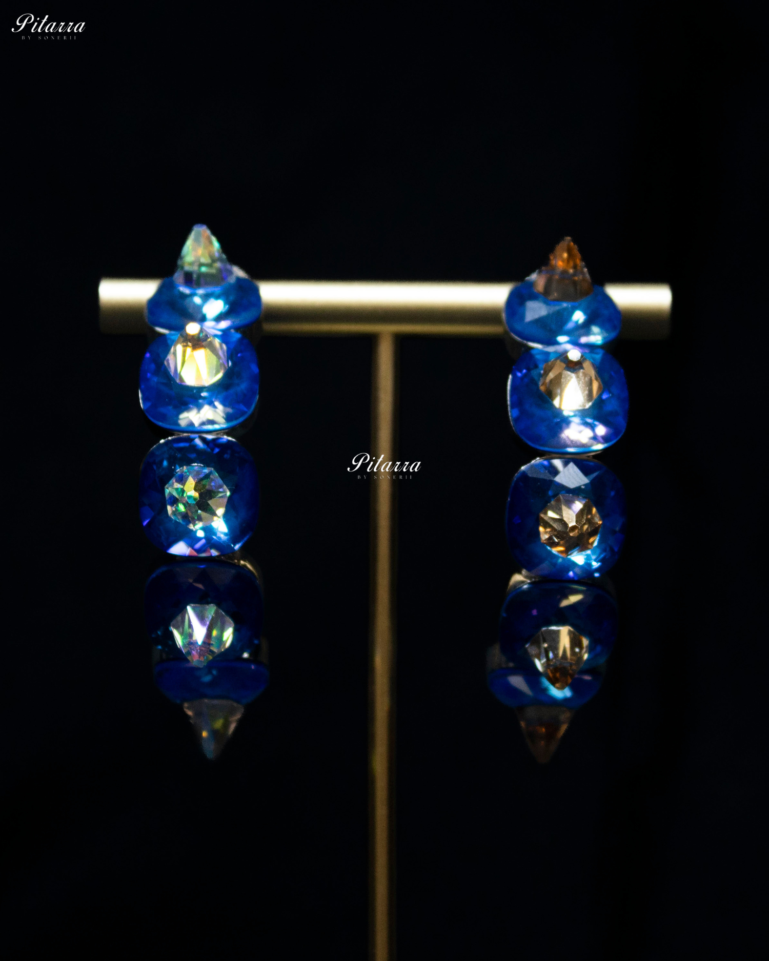 Blue Stone Pyramid Cut Crystal Dangle Earrings