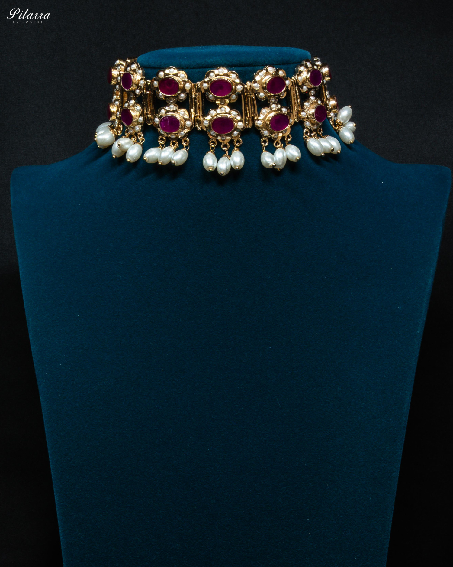 Red Stones Pearls Jadau Choker Necklace Set