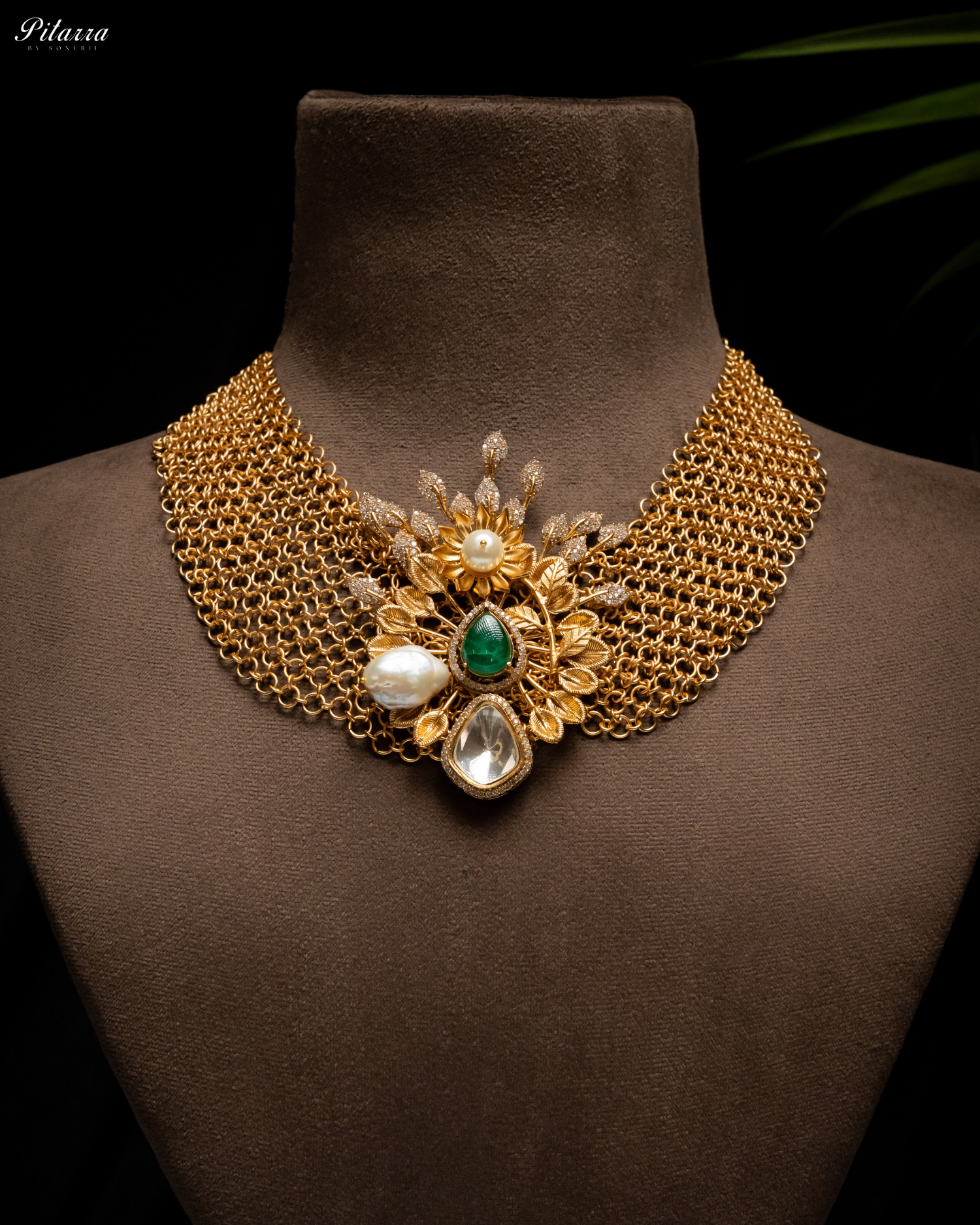 Antique Finish Golden Leaf Stone Kundan Set