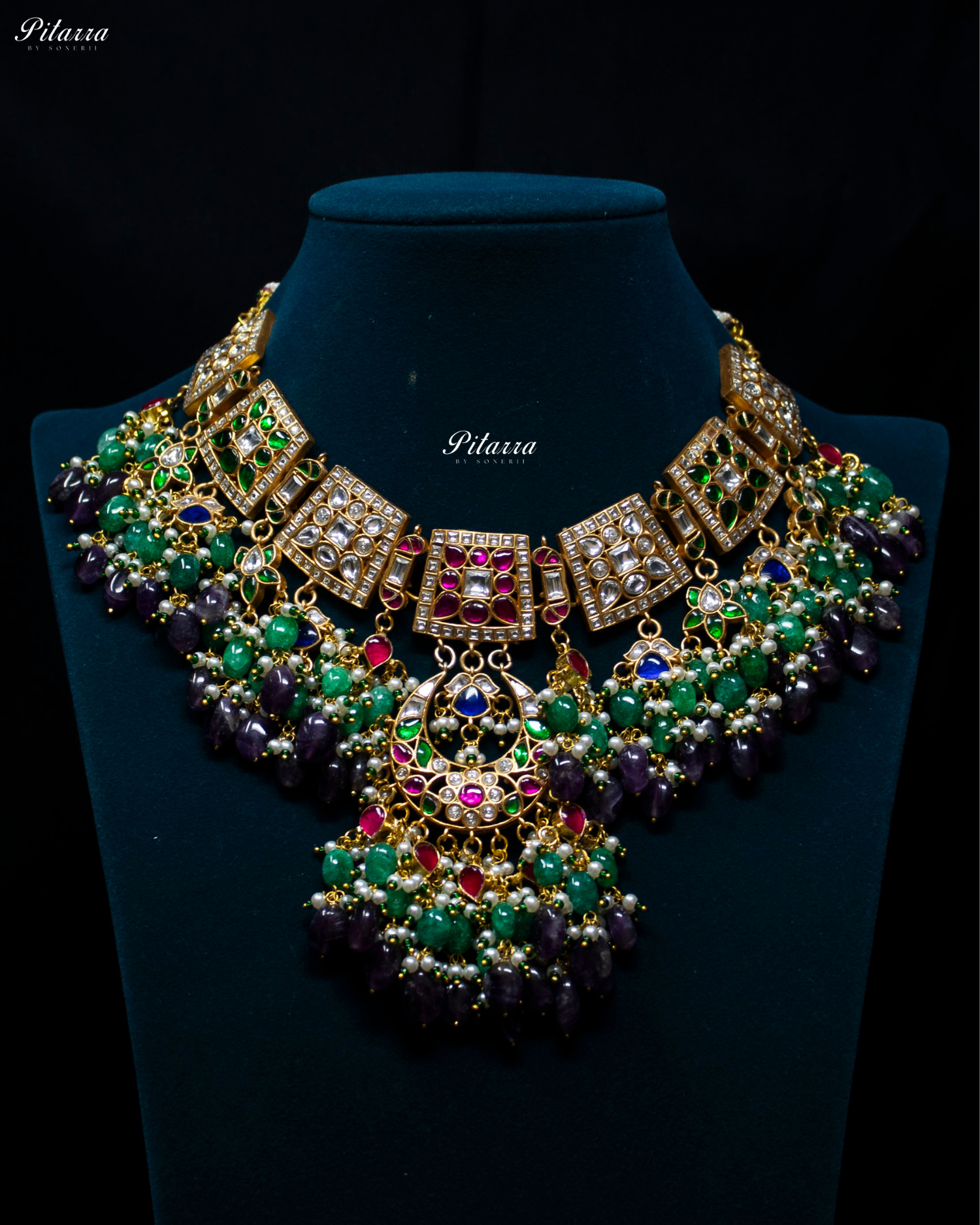 Multi Coloured Green Beads Exclusive Kundan Necklace Set