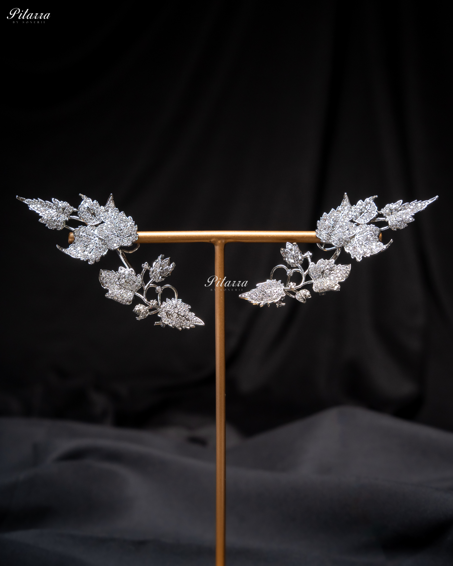 Silver Unique Leaf Shaped Crystal Earrings