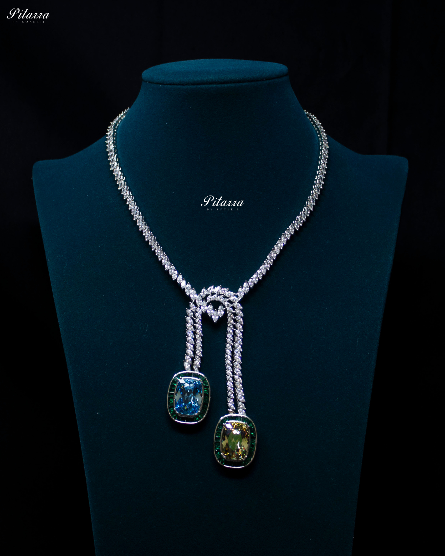 Green Blue Two Square Silver Line Crystal Necklace Set
