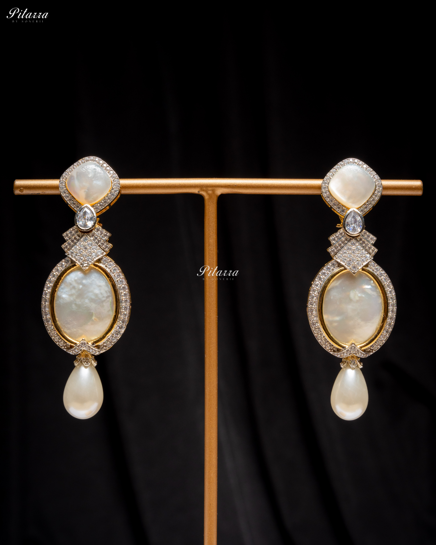 White Stone Pearl Silver CZ Dangler Earrings