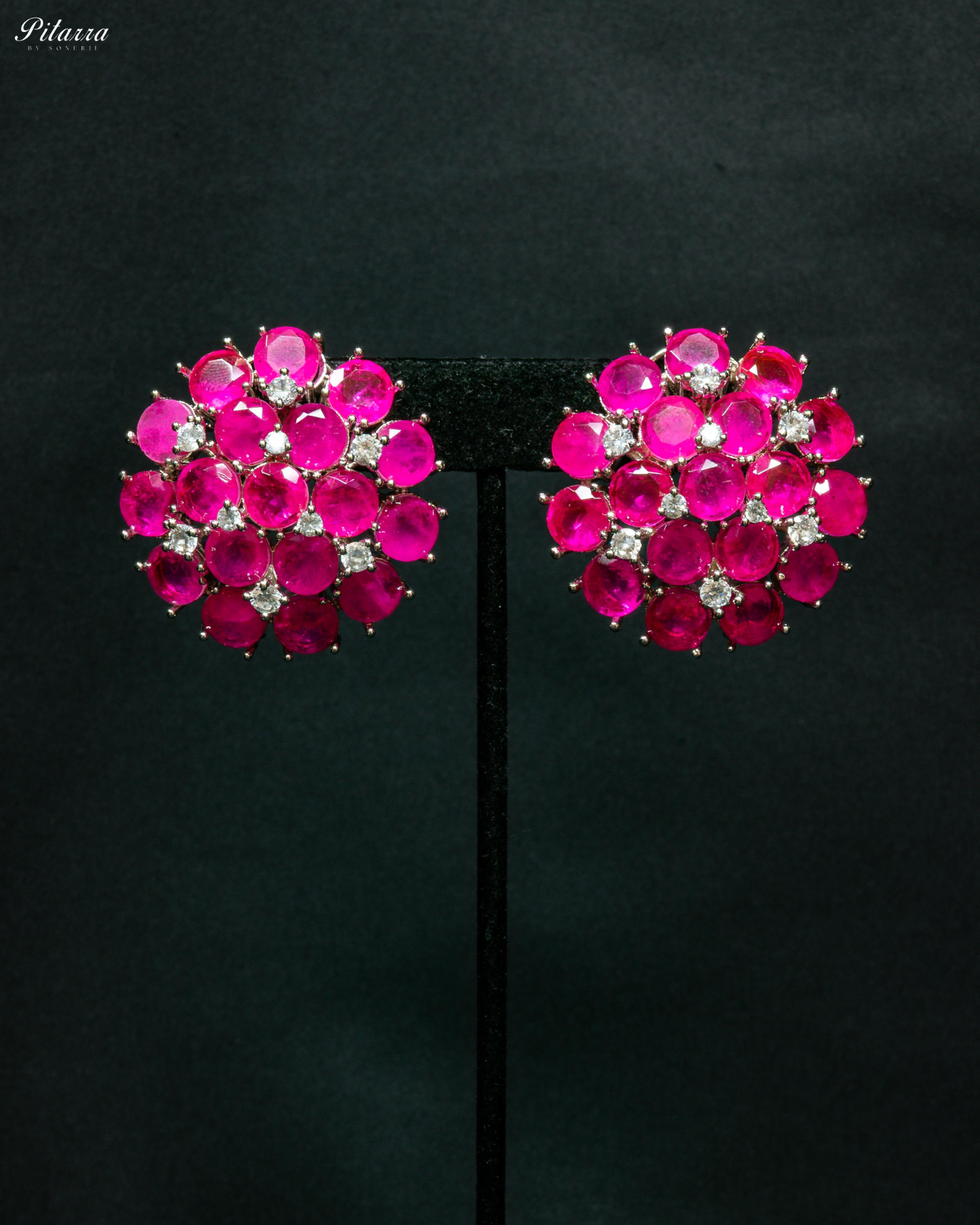 Pink Stone Silver Crystal Stud Earrings