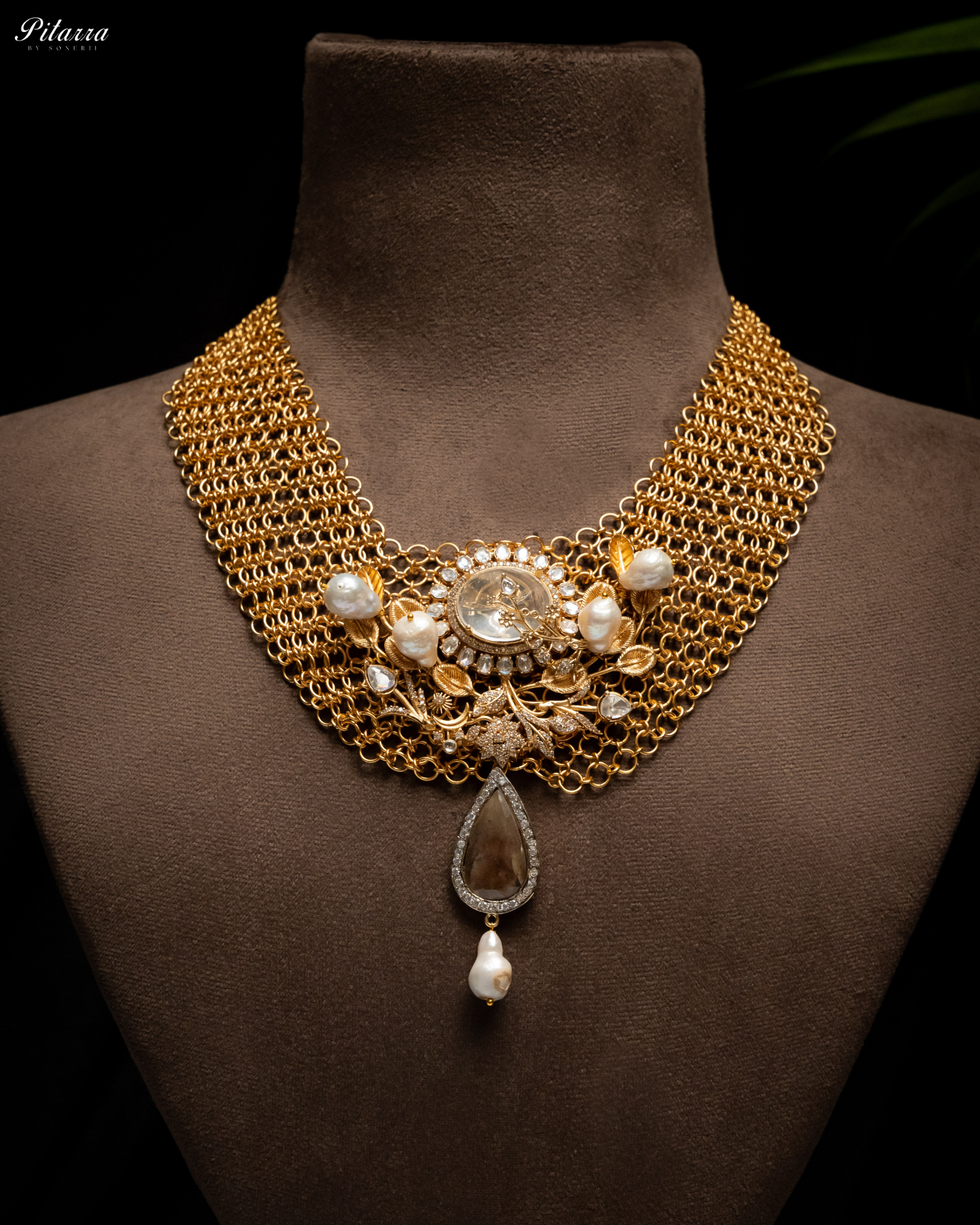 Antique Finish White Pearls Stone Kundan Set