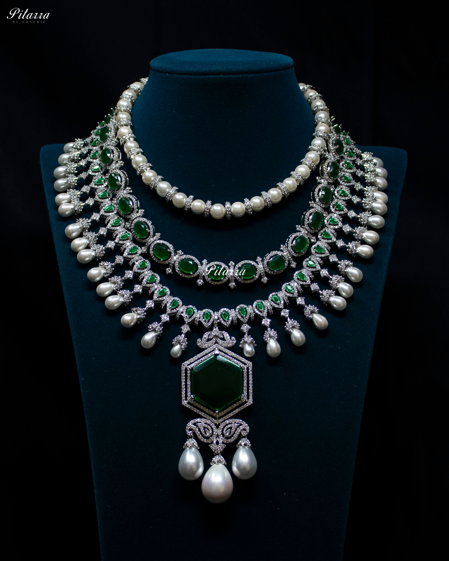 Emerald Stone Multi Layered Pearl Long Necklace Set