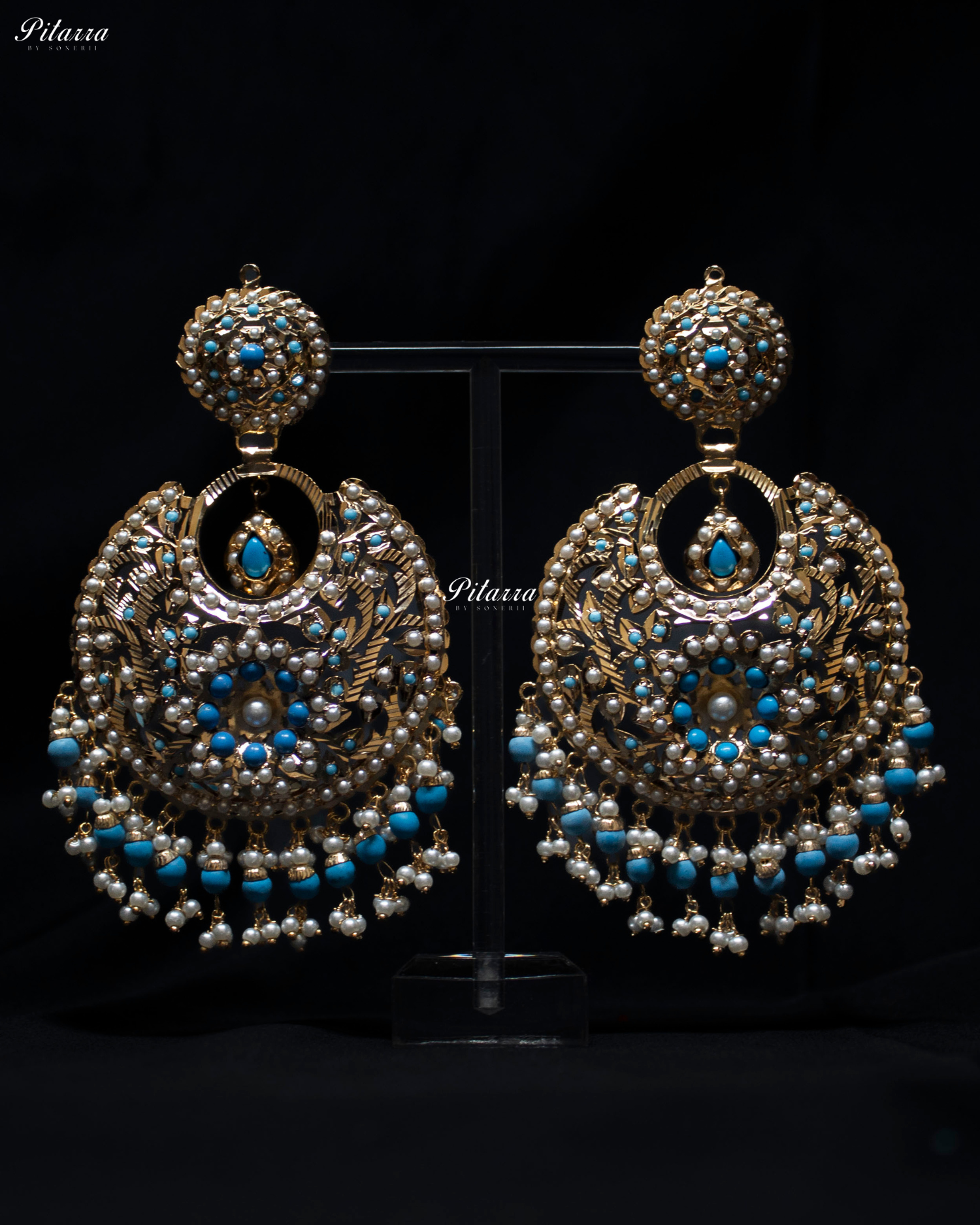 Turquoise Blue Stone Studded Punjabi Jadau Chandbali Earrings