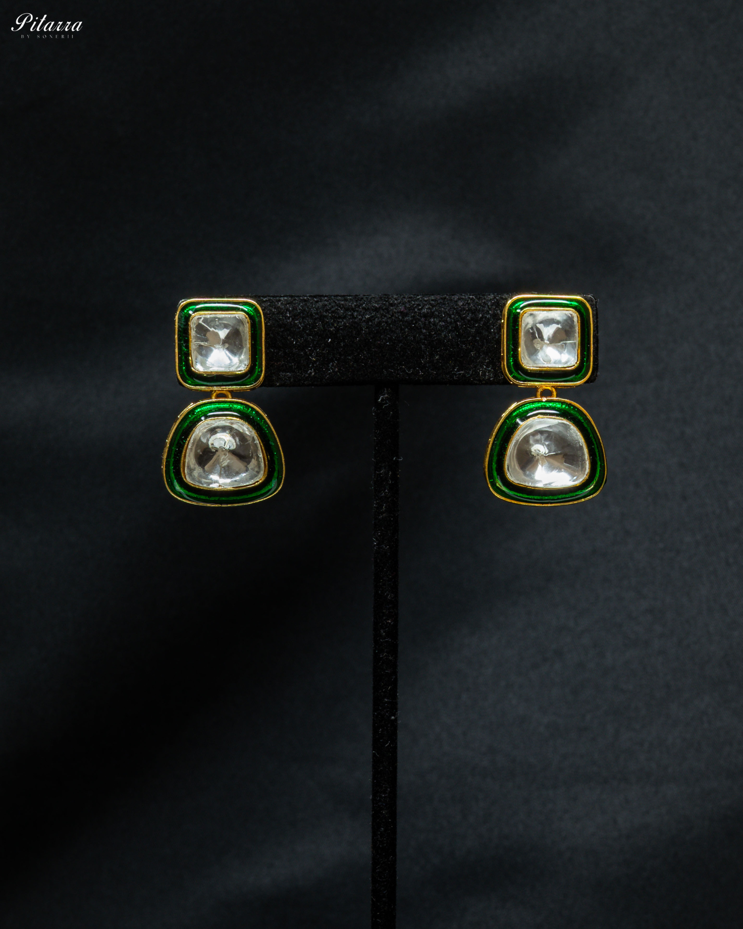 Square Green Kundan Meenakari Earrings