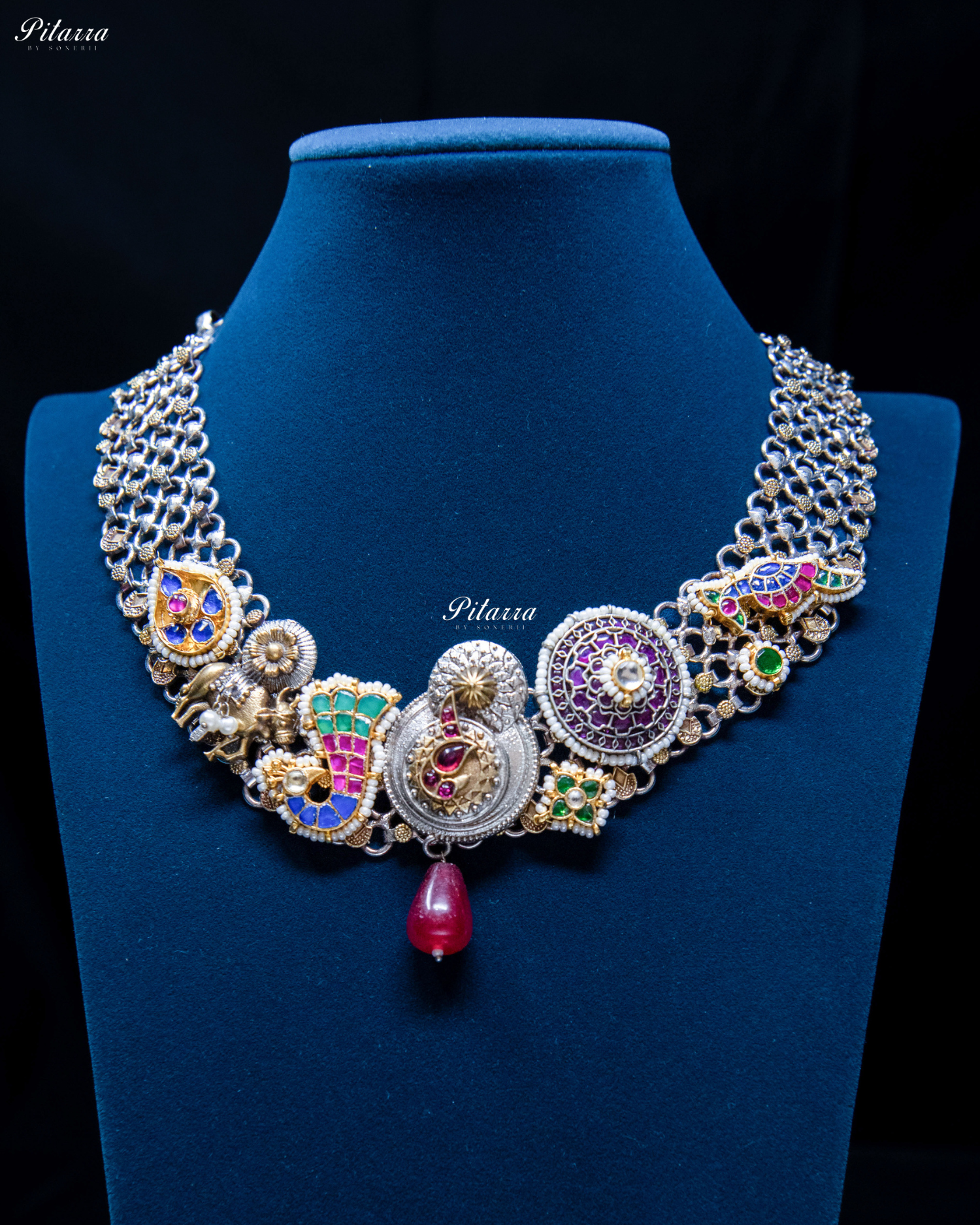 Dual Peacock Design Silver Fusion Necklace Set