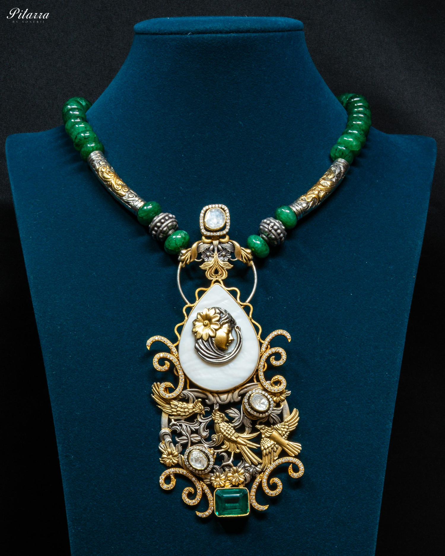 Green Stone Long 92.5 Silver Necklace Set