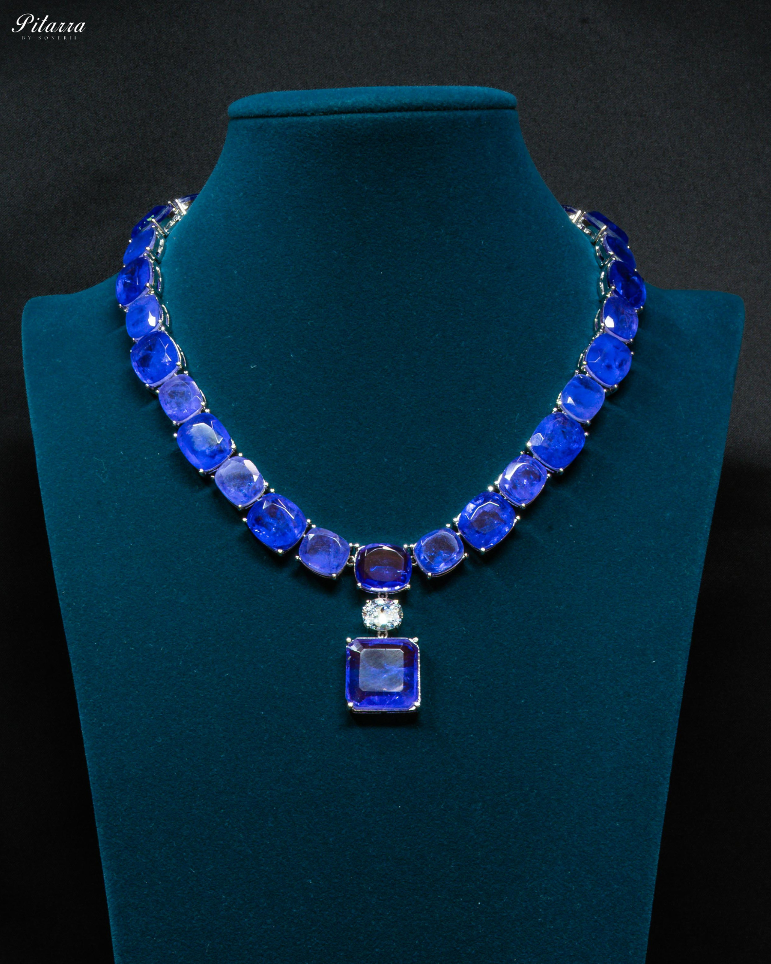 Silver Finish Blue Square Crystal Necklace Set
