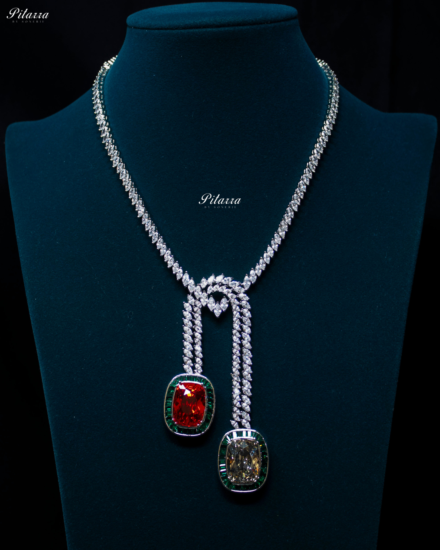 Green Red Two Square Silver Line Crystal Necklace Set