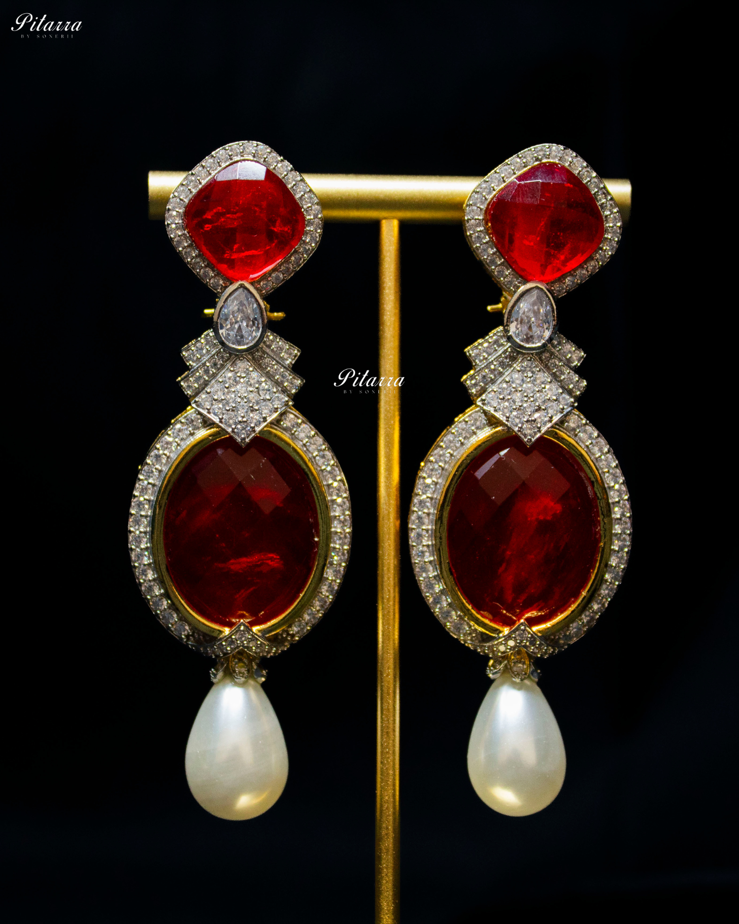 Red Pearl Stone Silver CZ Dangler Earrings