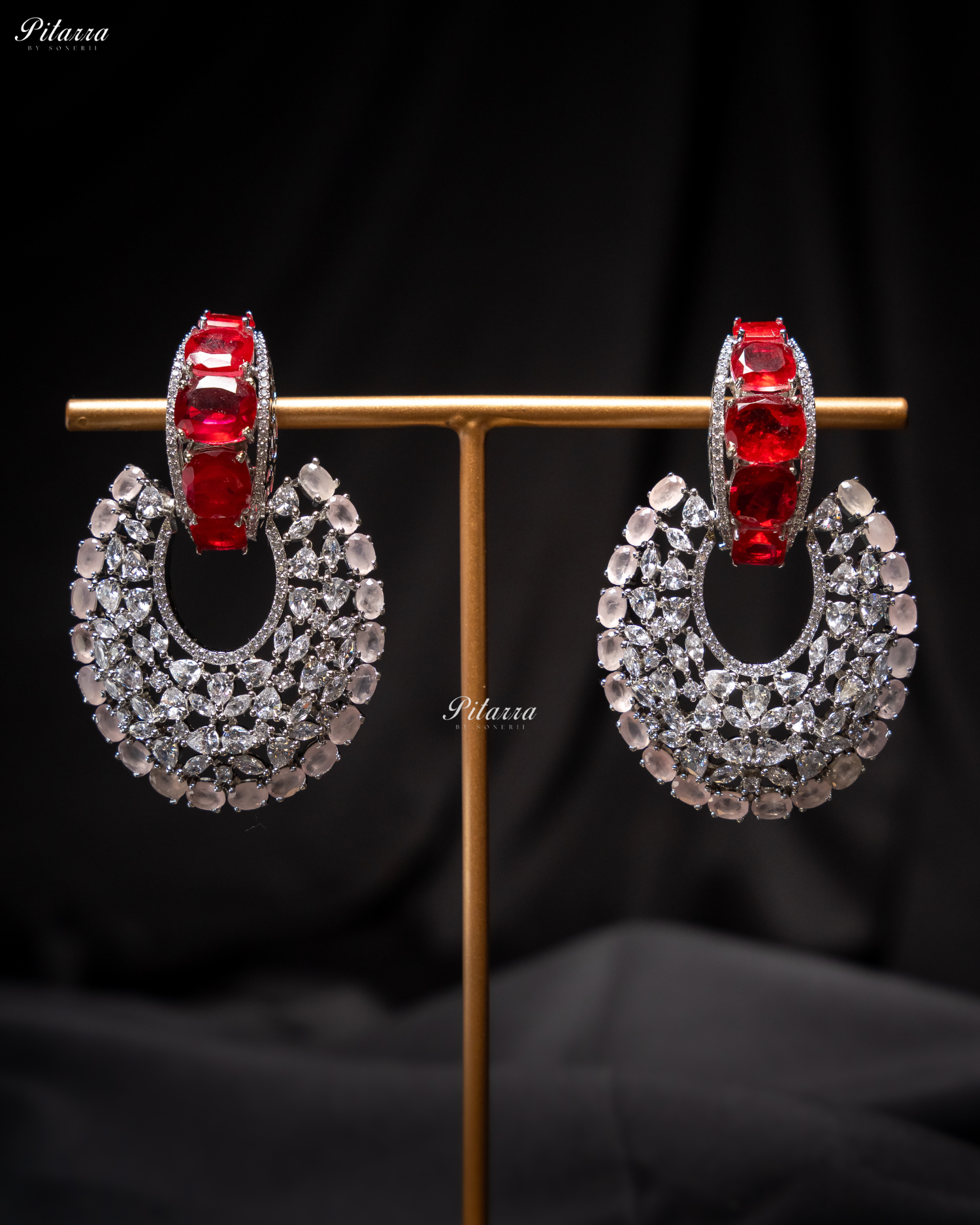 Red Stone White Layer Cubic Zirconia Dangler Earrings