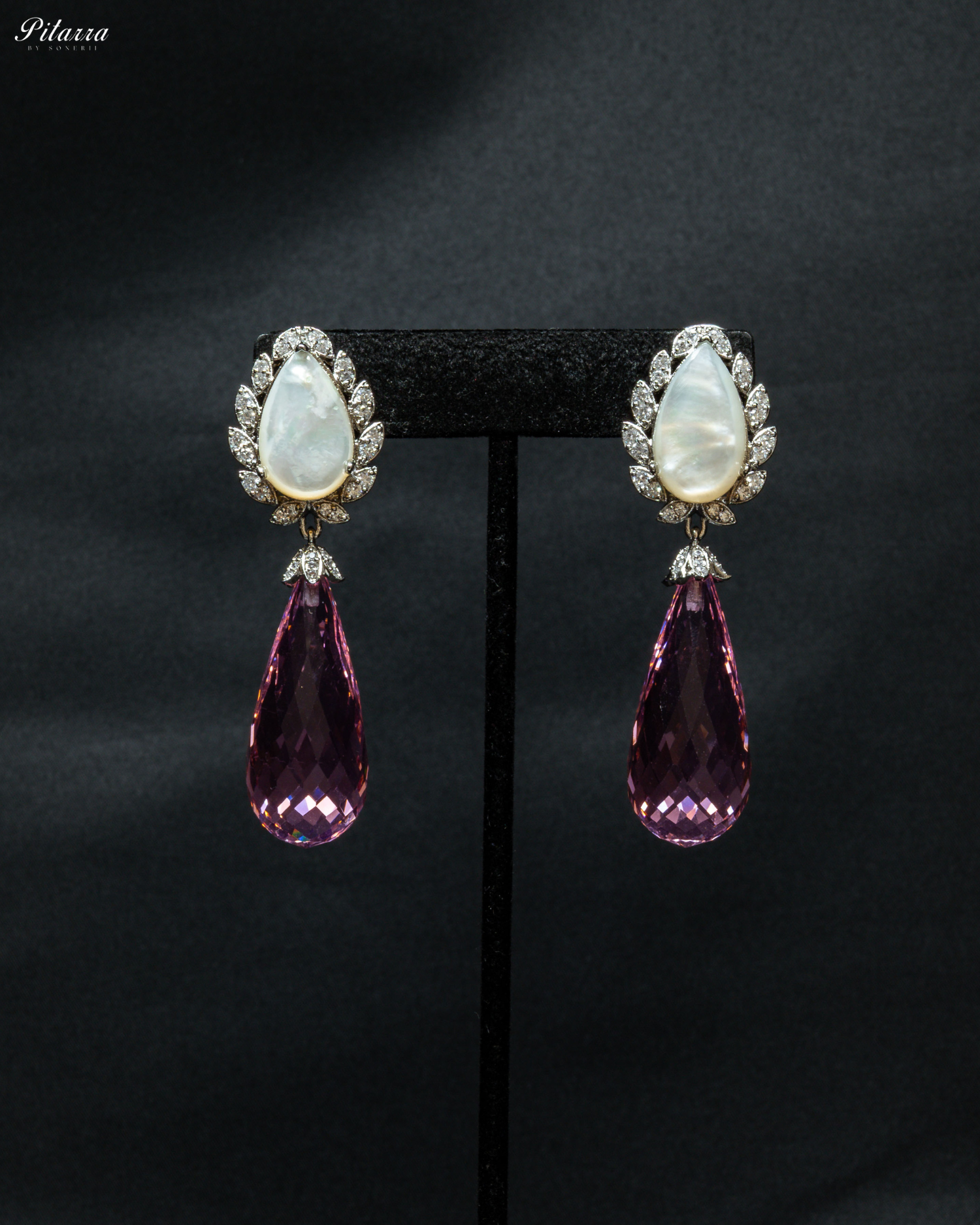Silver Finish White and Pink CZ Drop Earrings