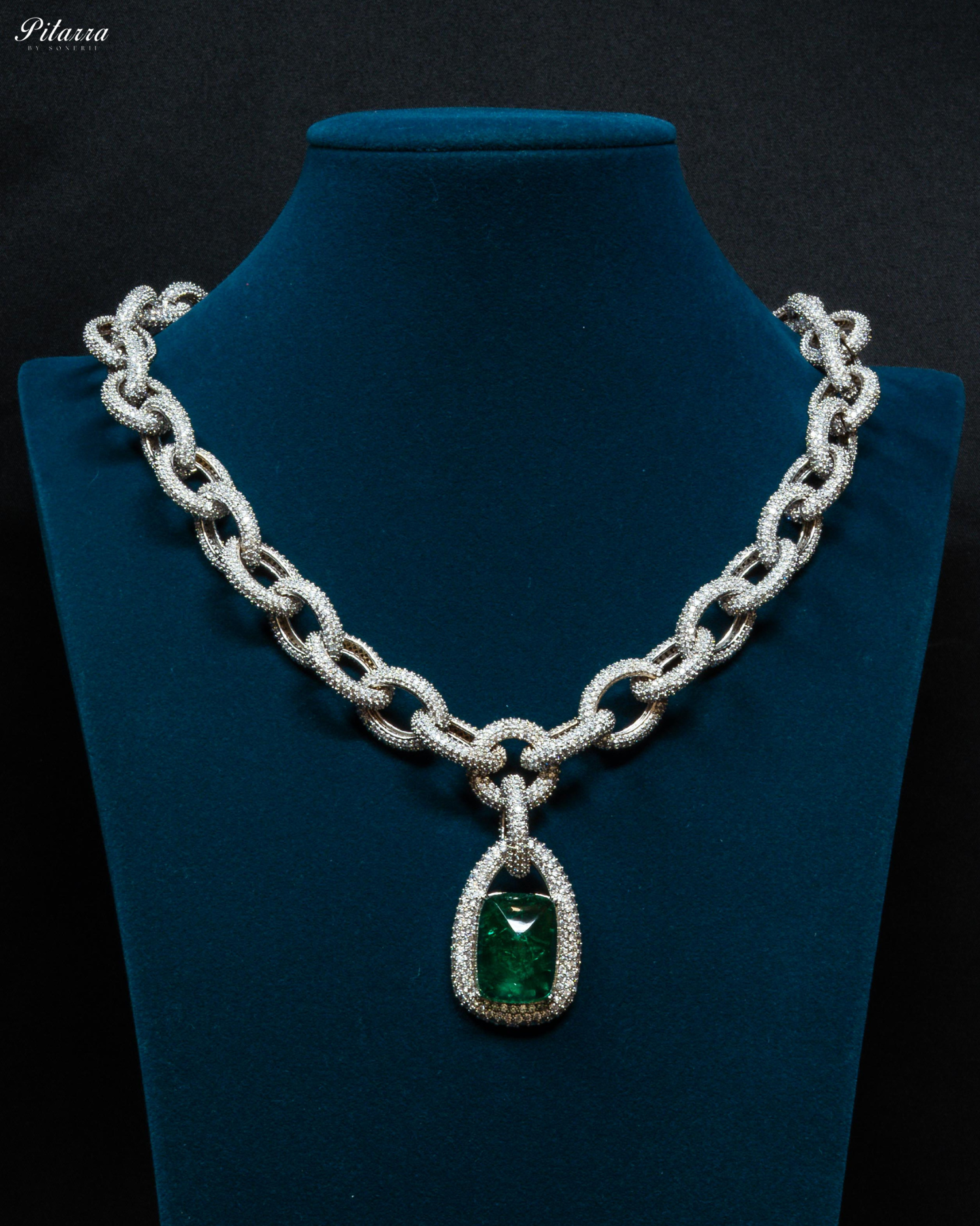 Emerald Stone Silver Chain CZ Necklace Set