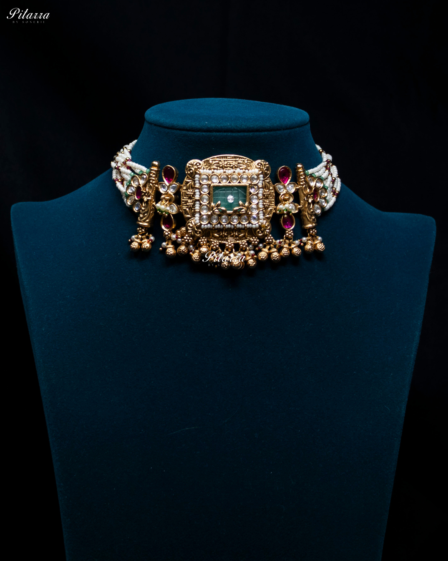 Emerald Stone Rajwad Kundan Choker Necklace Set