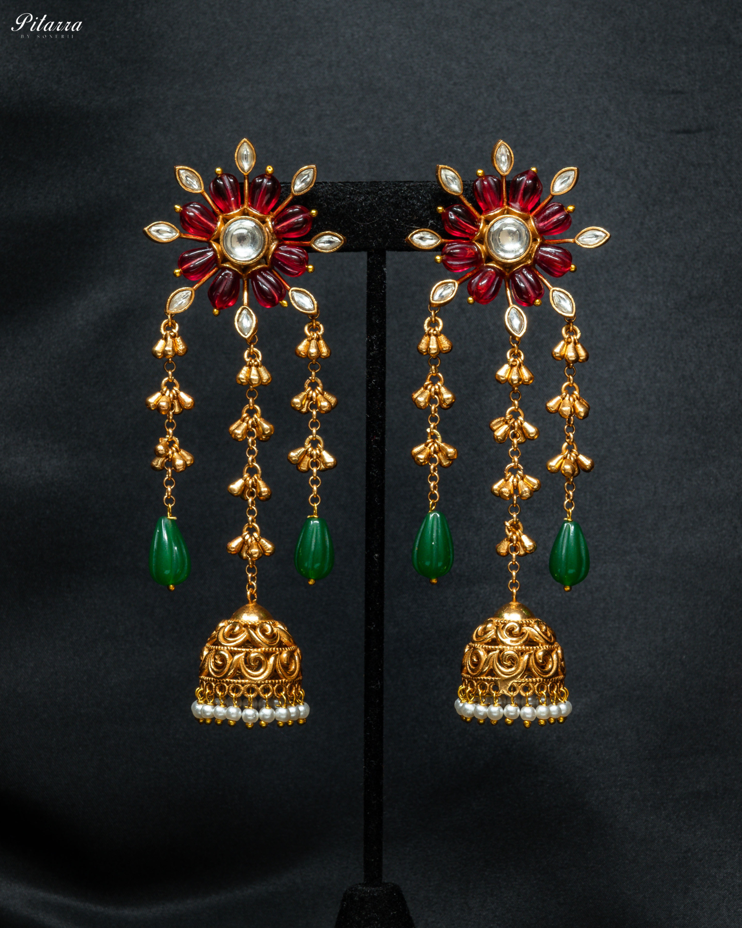 Gold Plated Red Flower Kundan Chandbali Earrings