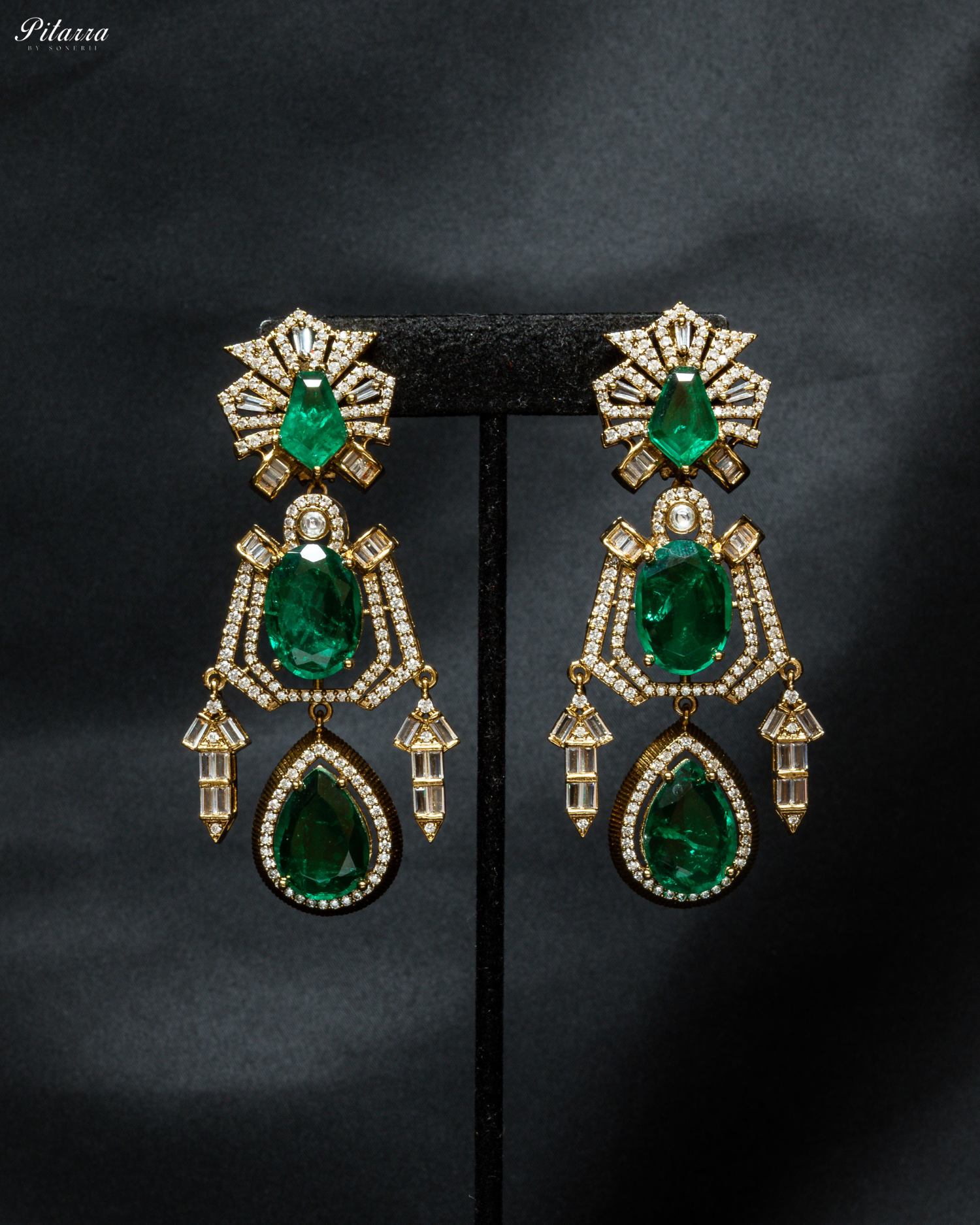 Emerald Silver Dangler Doublet Earrings