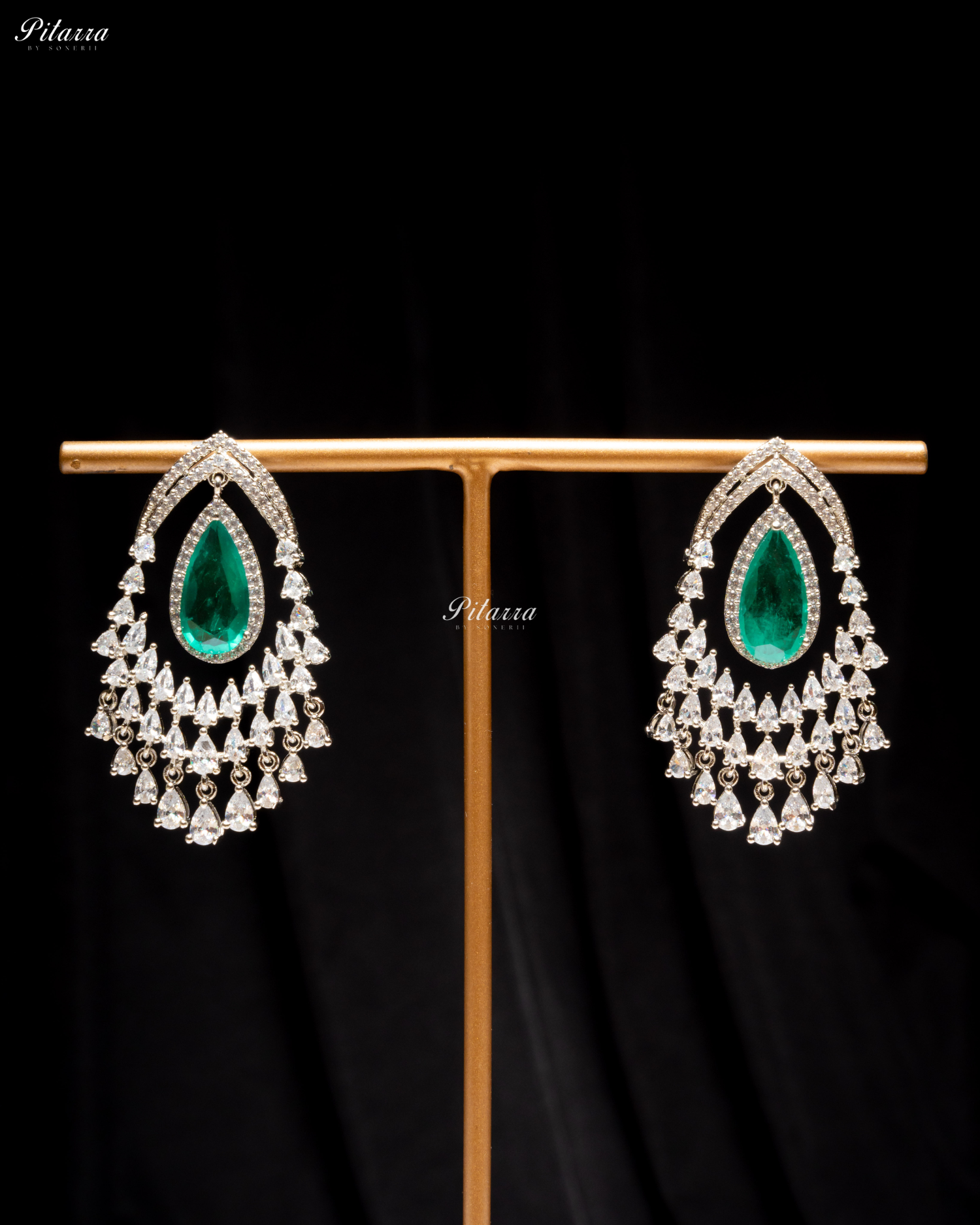 Emerald Stone Silver CZ Dangle Earrings