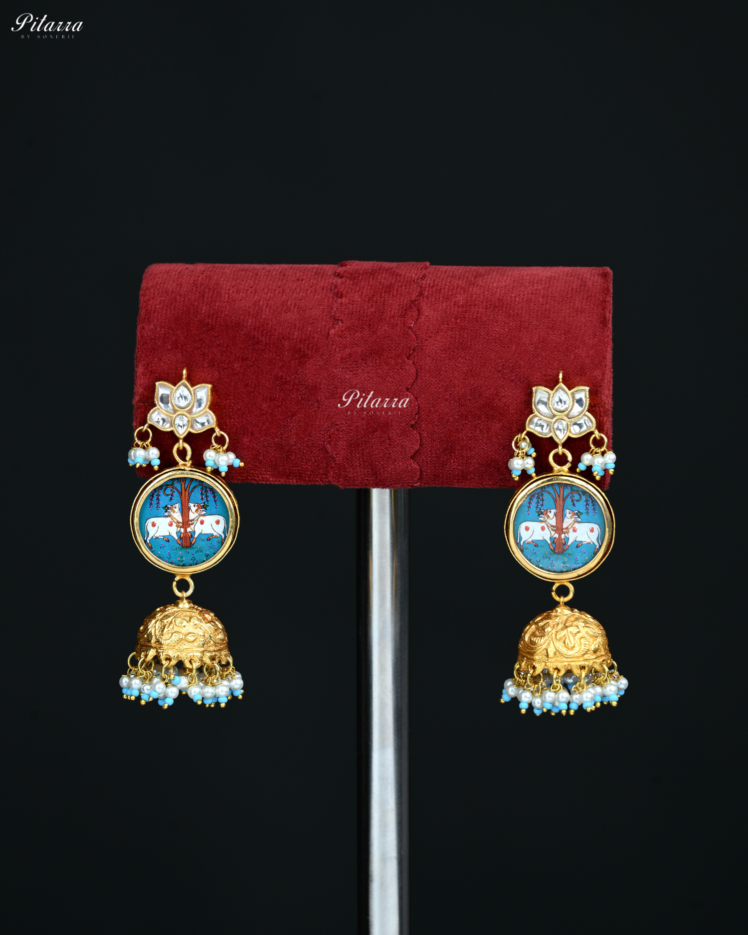 Blue Studded Handpainted Meenakari Jhumkas