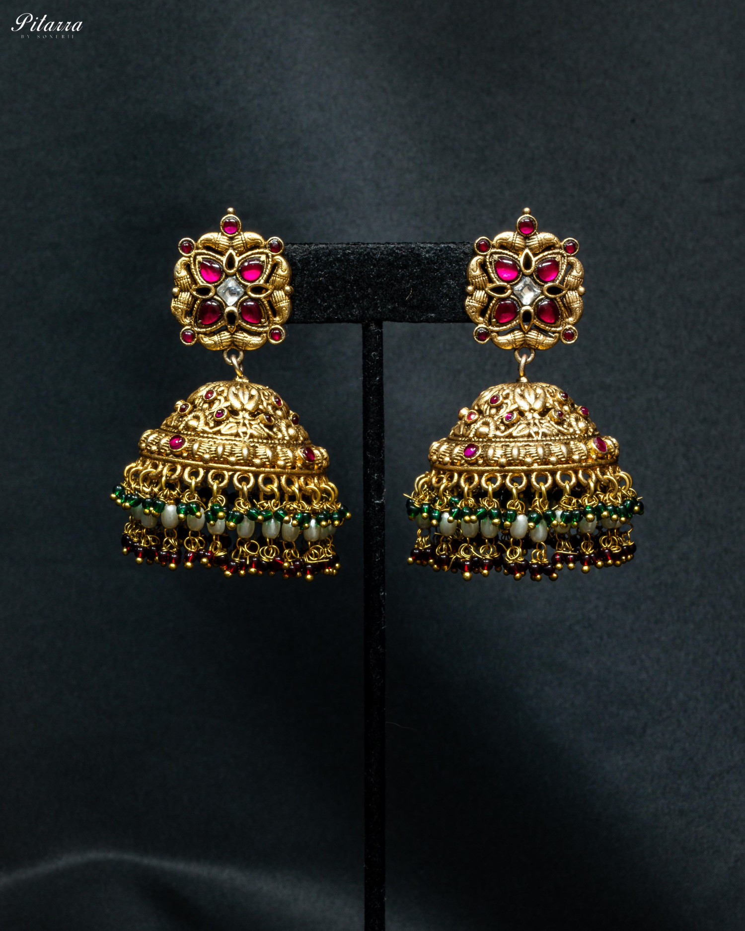 Gold Plated Antique Emerald Pearl Jhumka Earrings